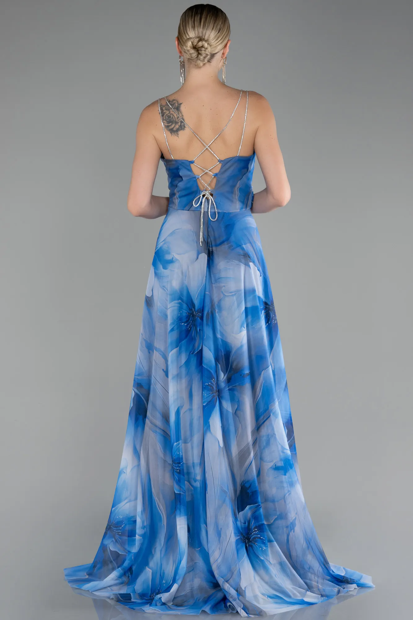 Sax Blue-Strapless Slit Long Empirme Prom Dress ABU4184