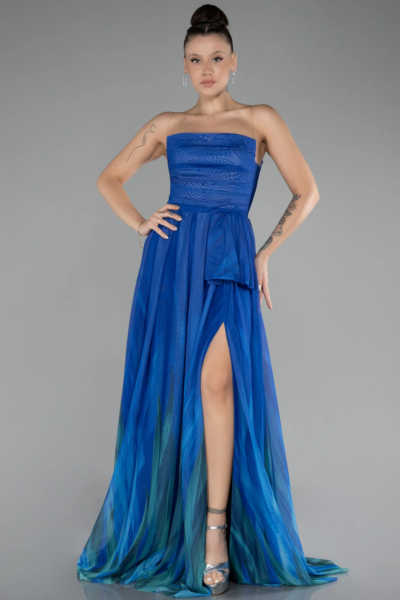 Sax Blue-Strapless Slit Long Patterned Prom Gown ABU4253