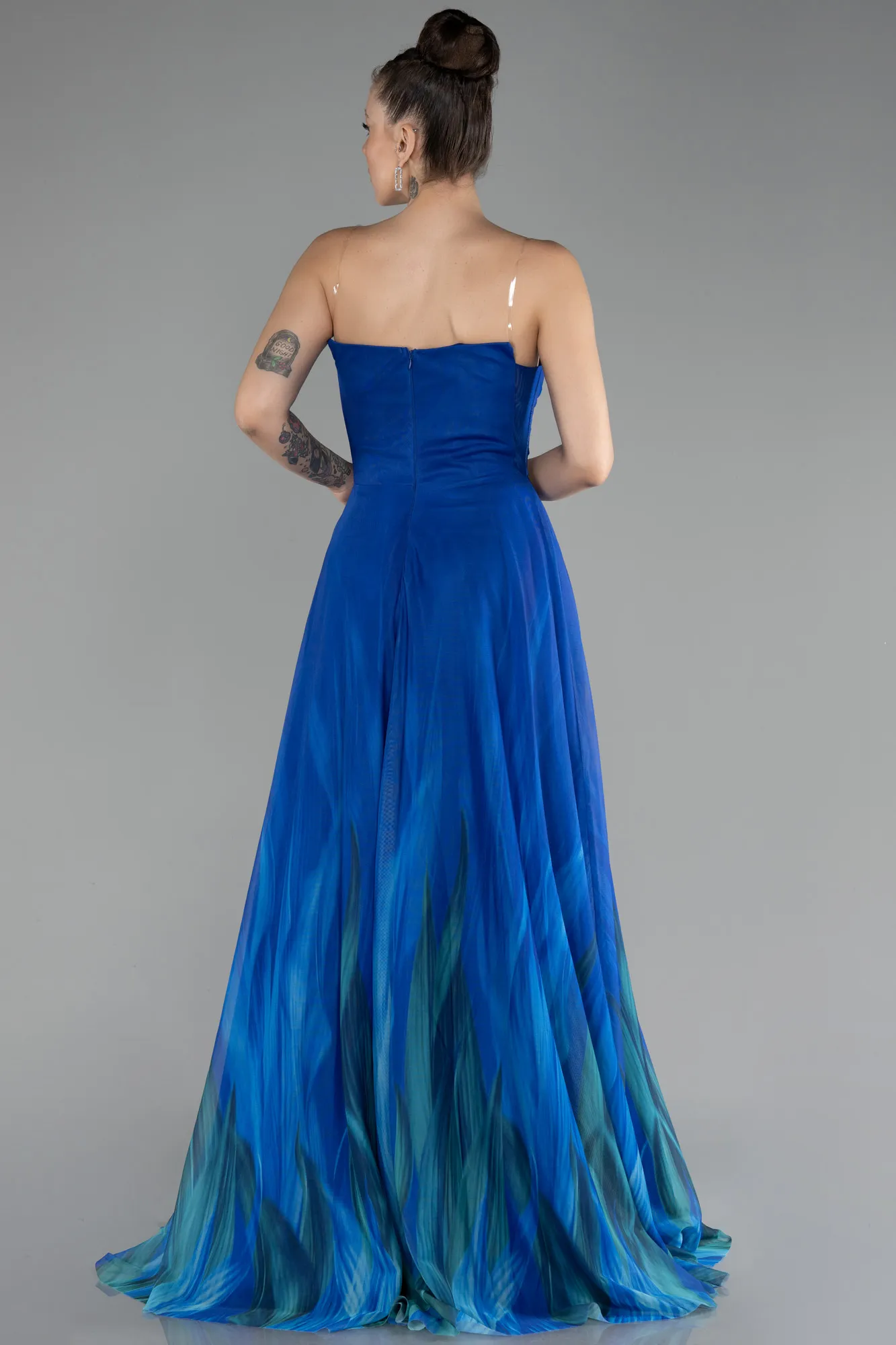 Sax Blue-Strapless Slit Long Patterned Prom Gown ABU4253