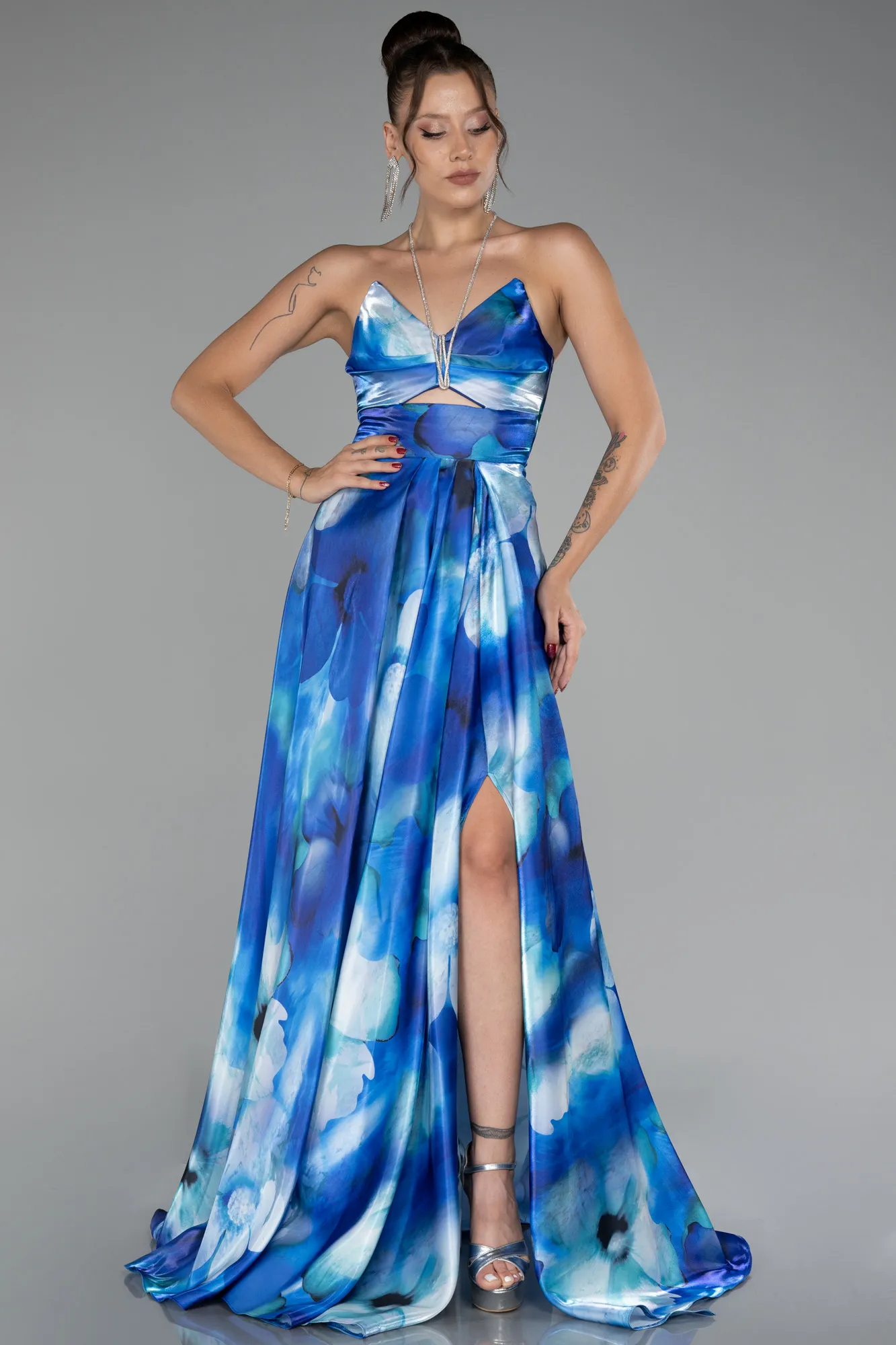 Sax Blue-Strapless Slit Long Printed Evening Gown ABU4156