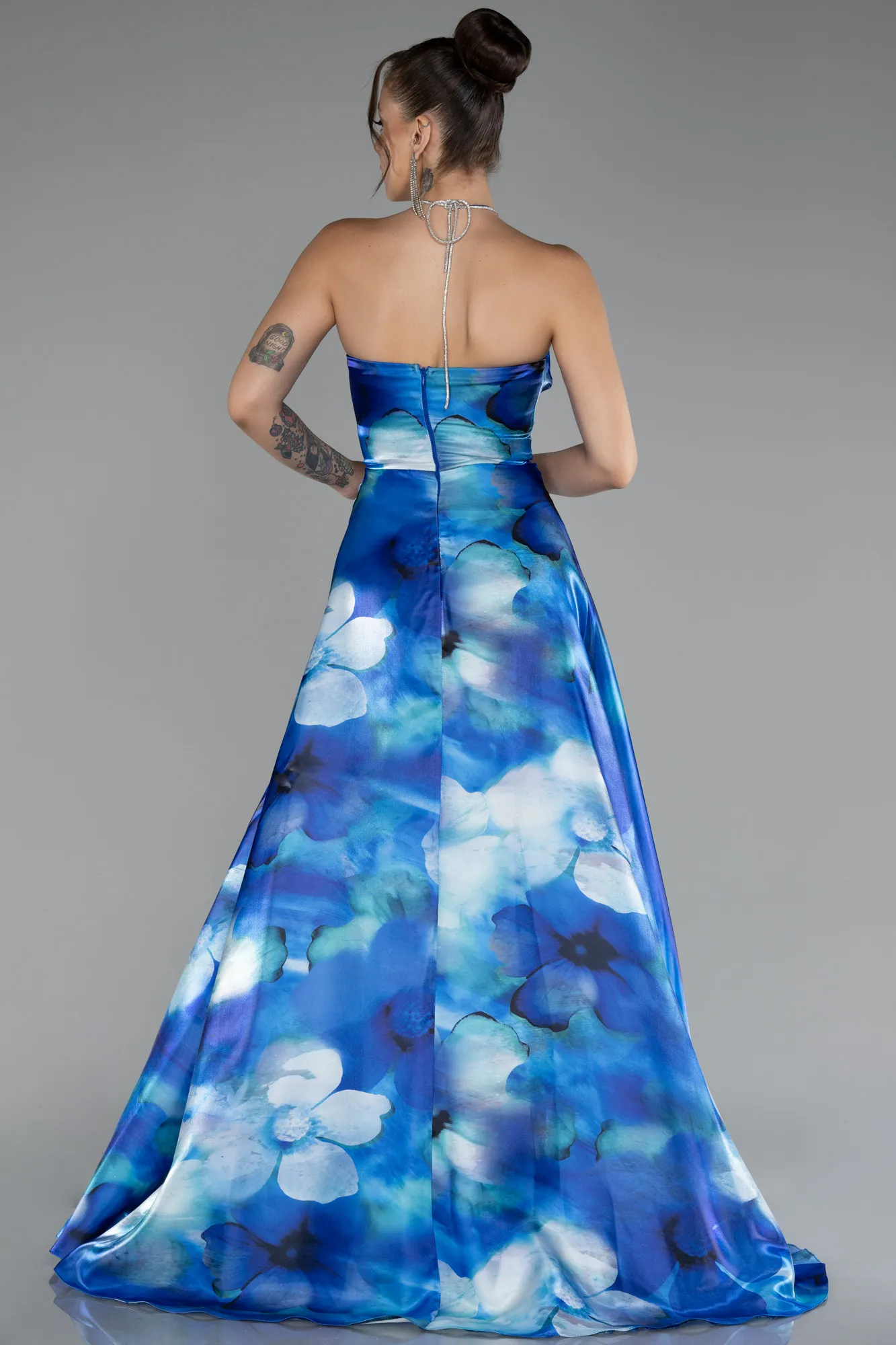 Sax Blue-Strapless Slit Long Printed Evening Gown ABU4156