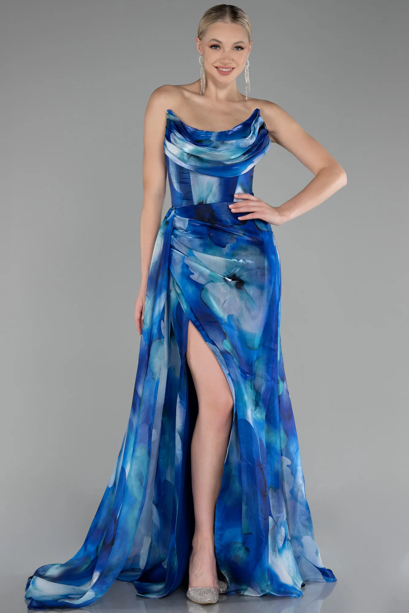 Sax Blue-Strapless Slit Long Printed Satin Prom Dress ABU4169