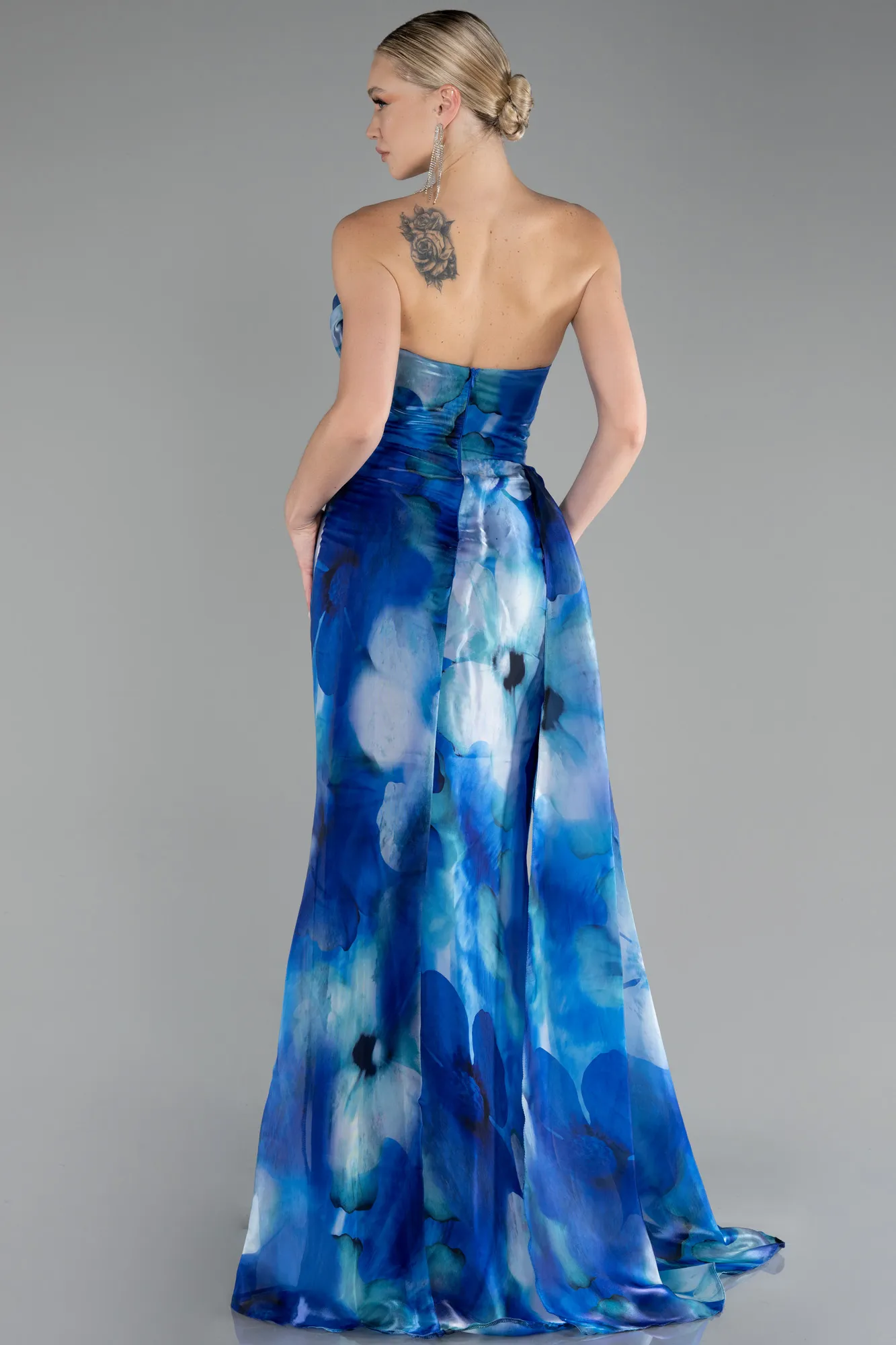 Sax Blue-Strapless Slit Long Printed Satin Prom Dress ABU4169