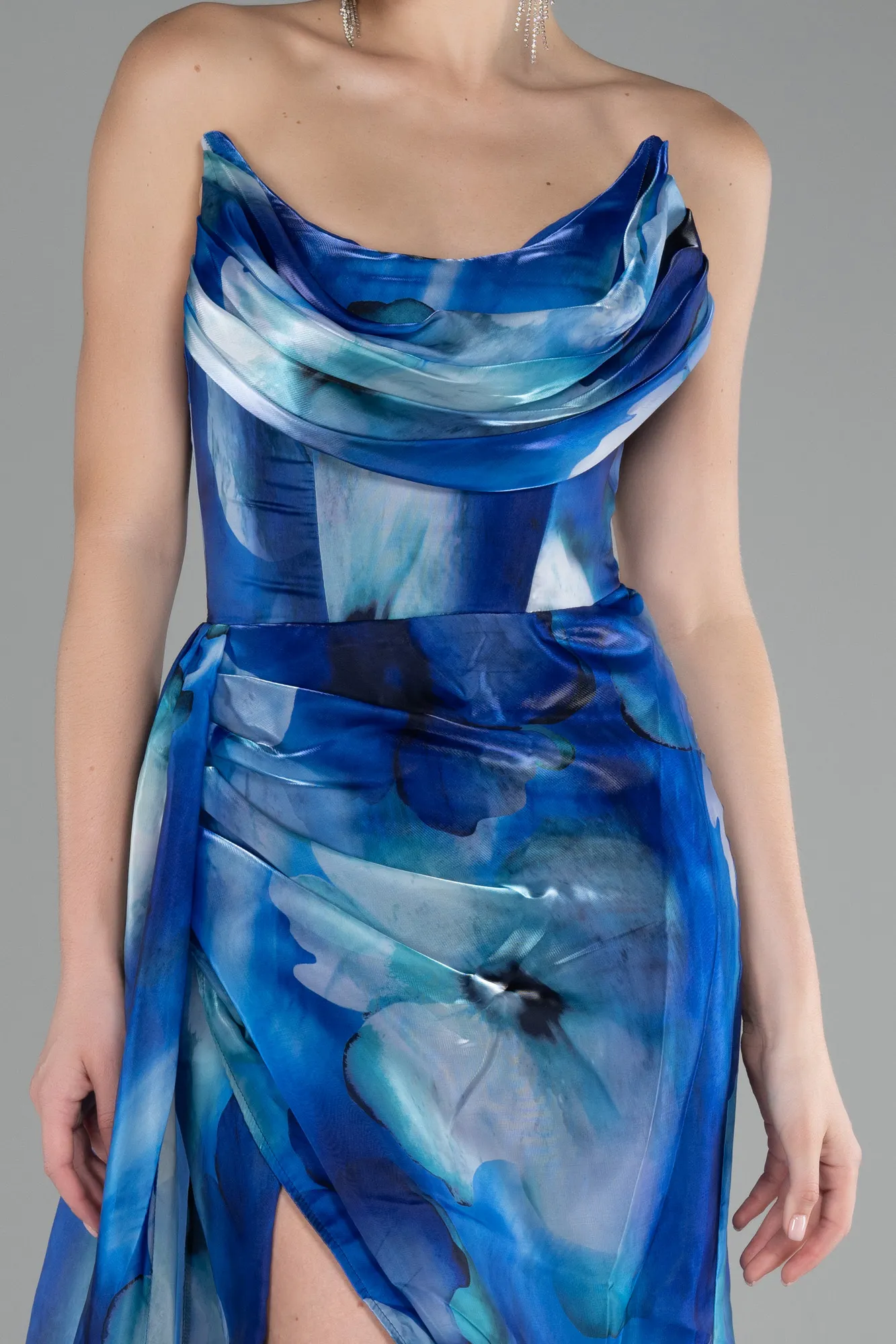 Sax Blue-Strapless Slit Long Printed Satin Prom Dress ABU4169