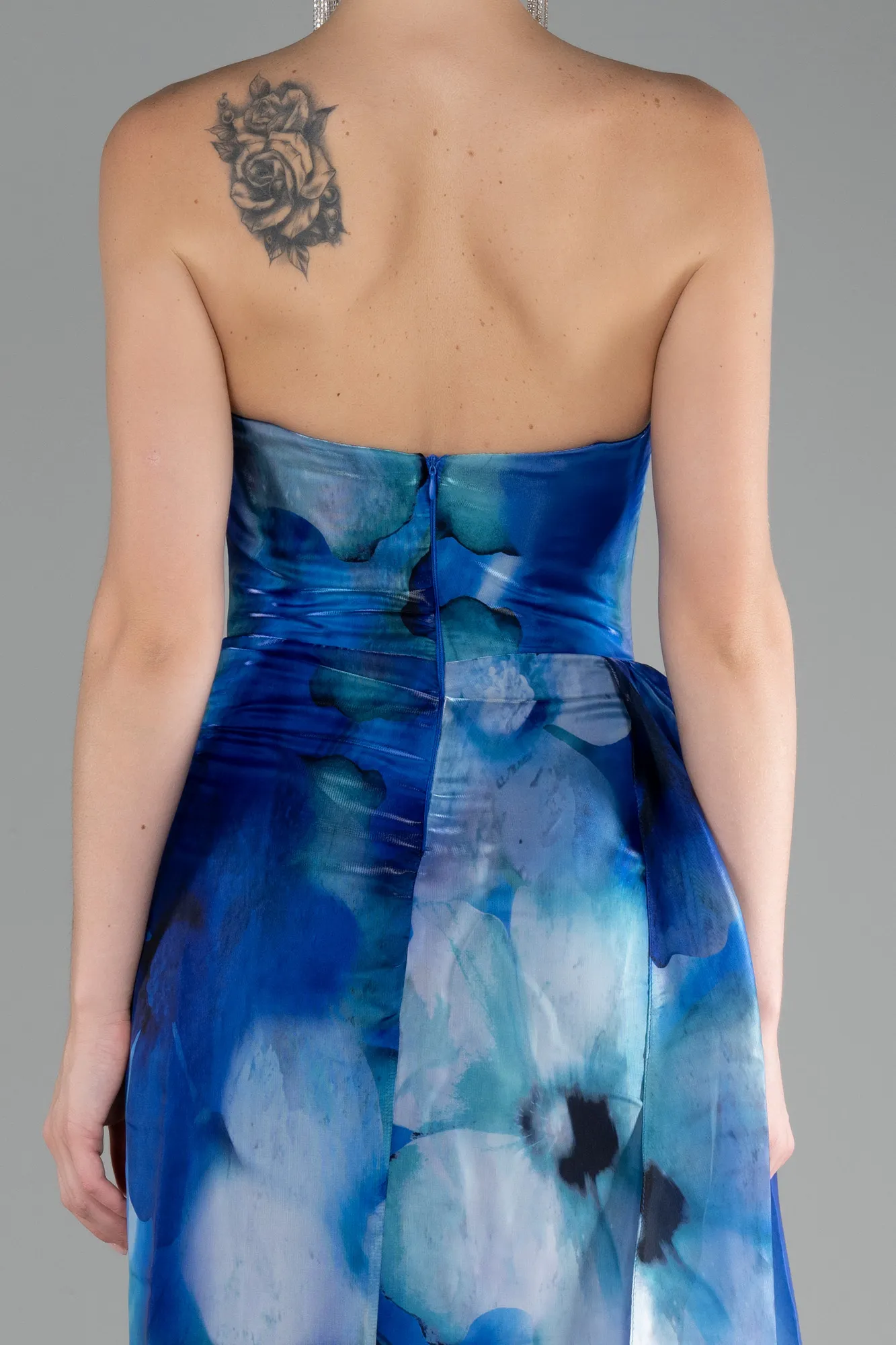 Sax Blue-Strapless Slit Long Printed Satin Prom Dress ABU4169