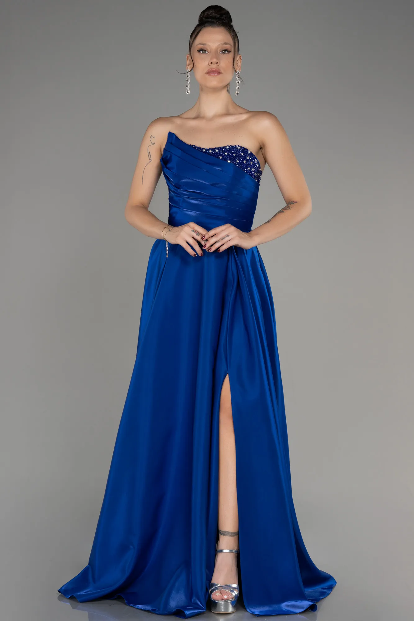 Sax Blue-Strapless Slit Long Prom Dress ABU4036