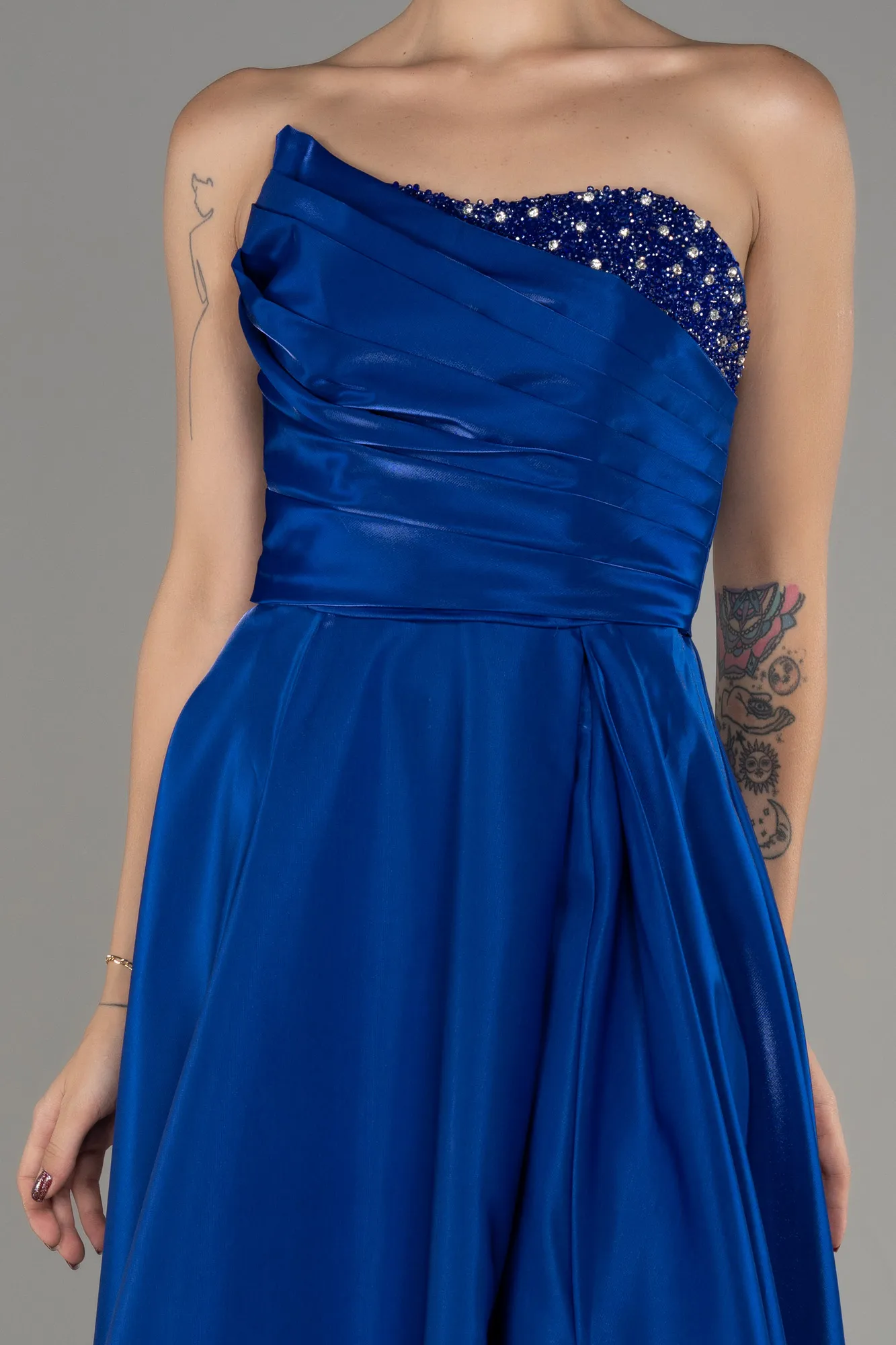 Sax Blue-Strapless Slit Long Prom Dress ABU4036