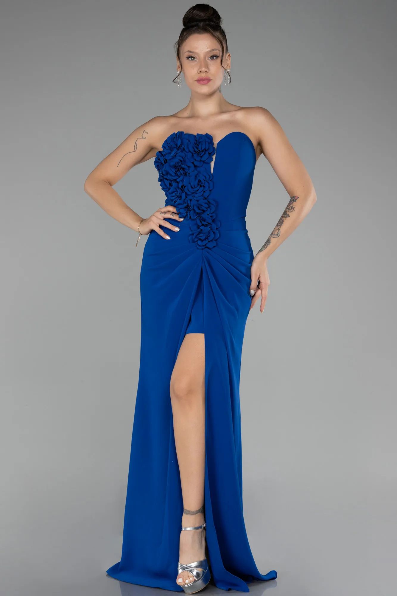 Sax Blue-Strapless Slit Long Prom Gown ABU4213