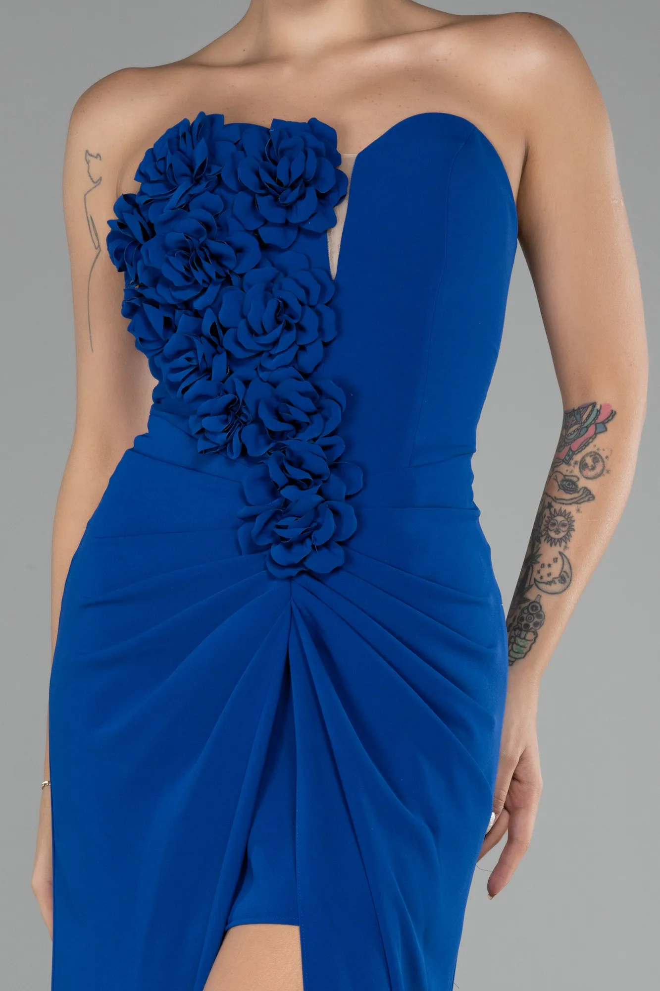 Sax Blue-Strapless Slit Long Prom Gown ABU4213