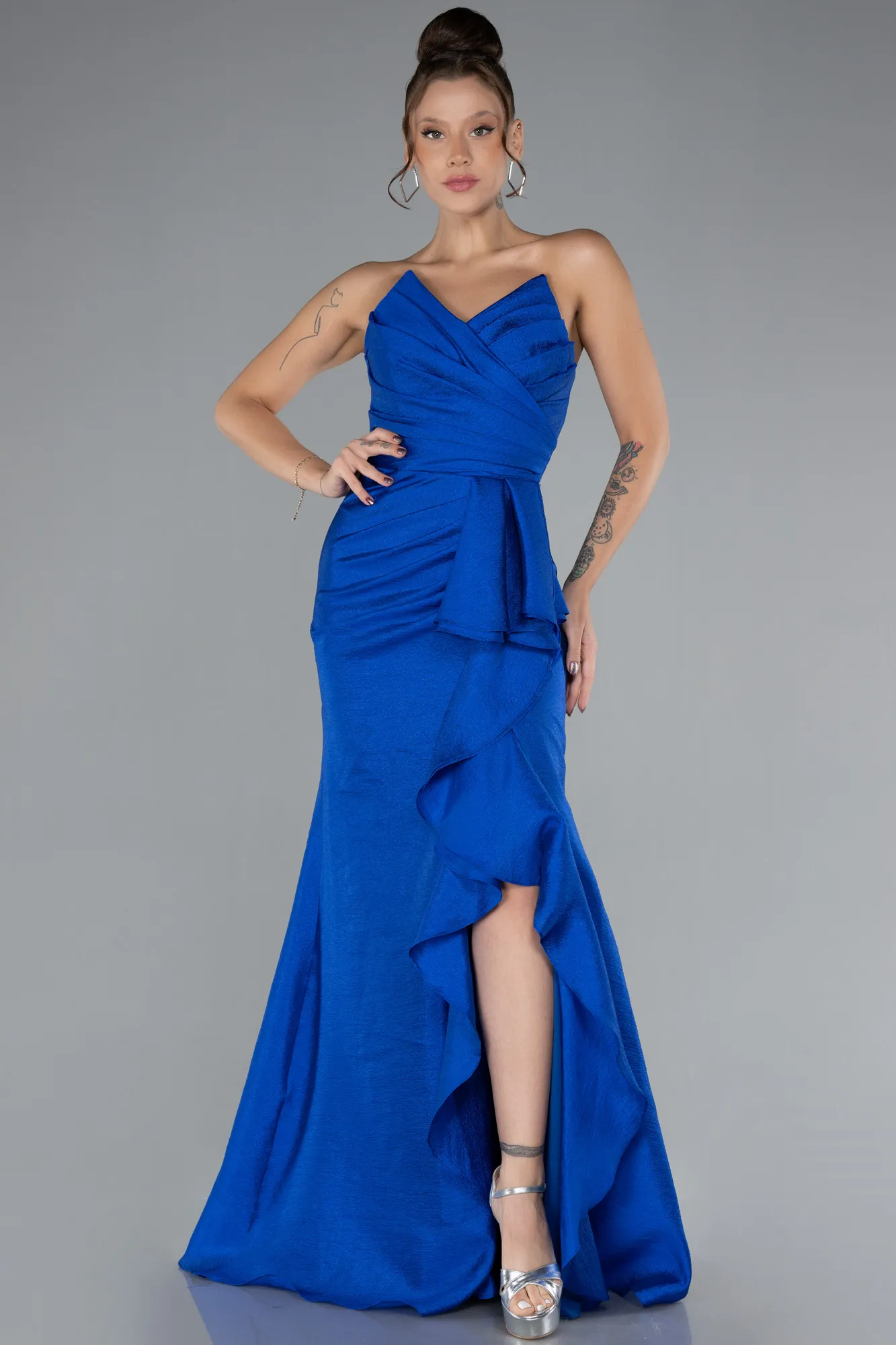 Sax Blue-Strapless Slit Long Prom Gown ABU4247