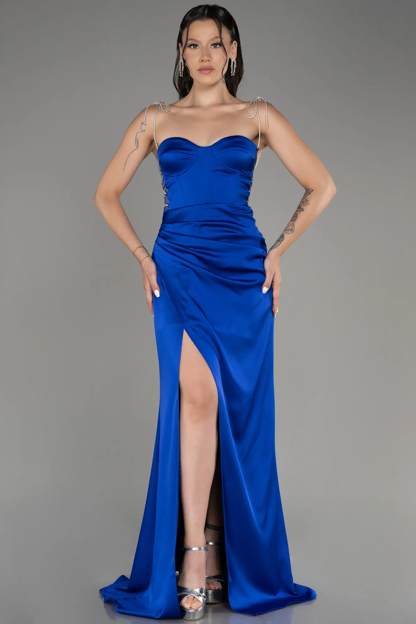 Sax Blue-Strapless Slit Long Satin Evening Dress ABU3866