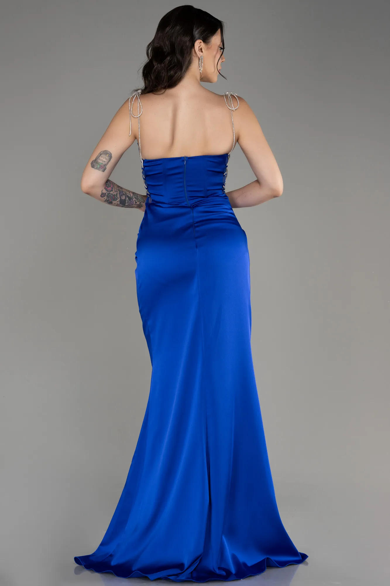 Sax Blue-Strapless Slit Long Satin Evening Dress ABU3866