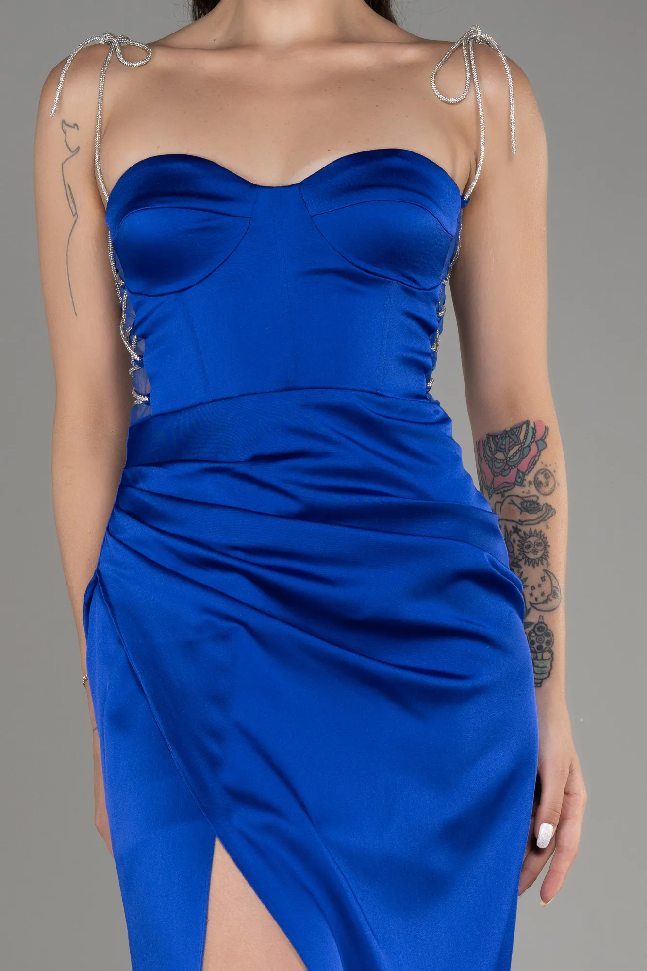 Sax Blue-Strapless Slit Long Satin Evening Dress ABU3866