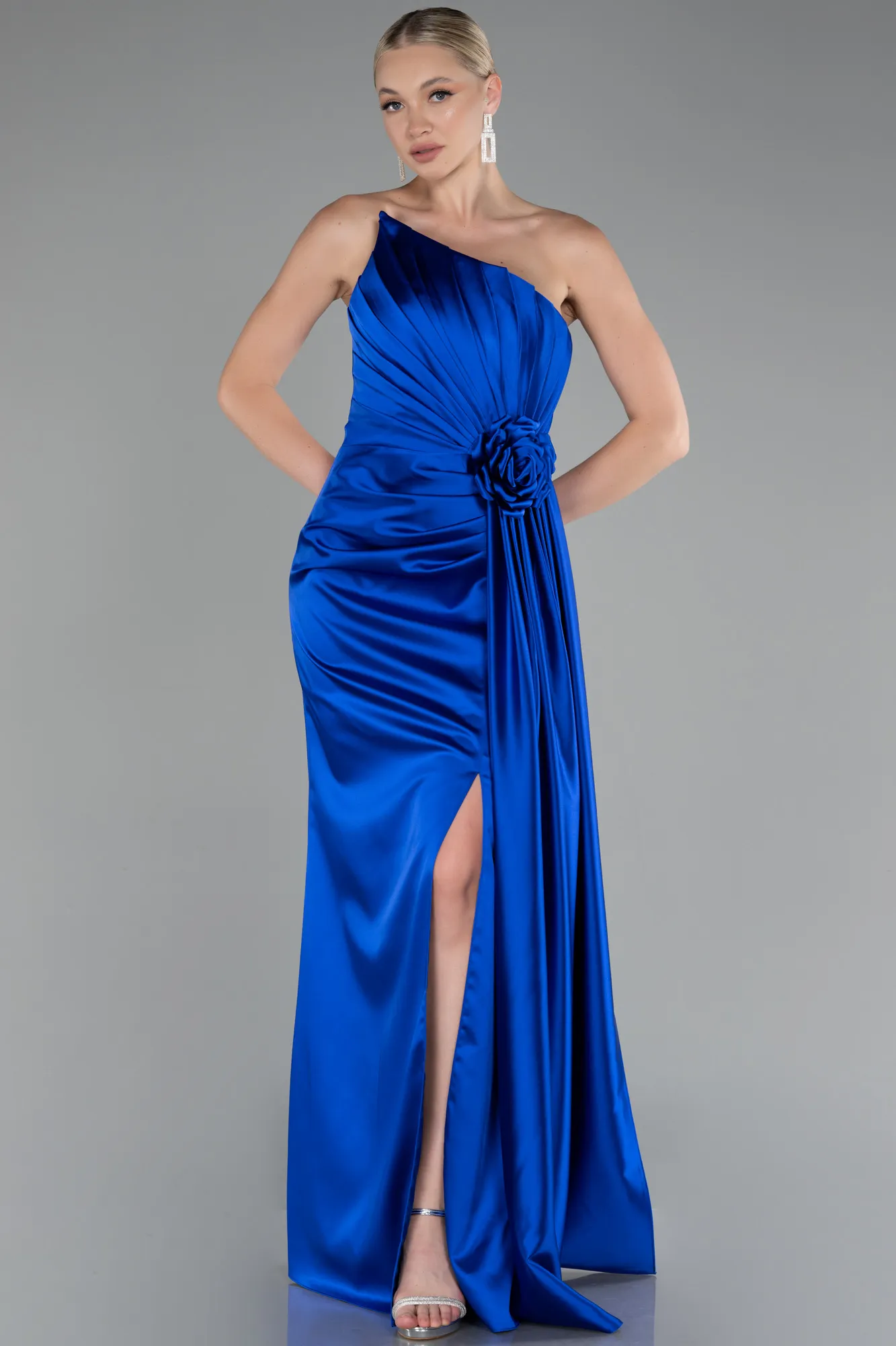 Sax Blue-Strapless Slit Long Satin Evening Dress ABU4174