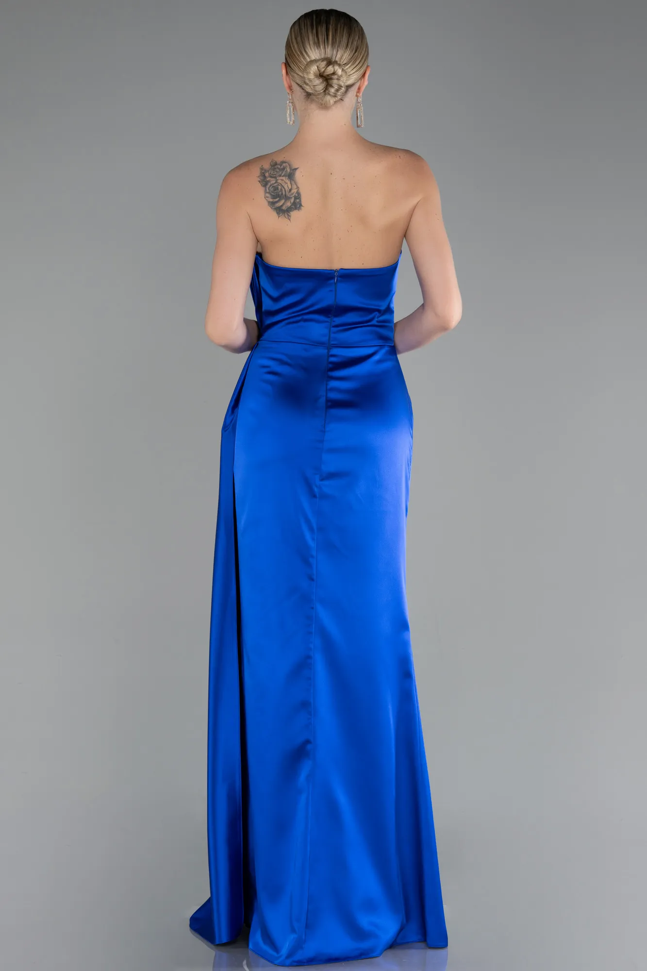 Sax Blue-Strapless Slit Long Satin Evening Dress ABU4174