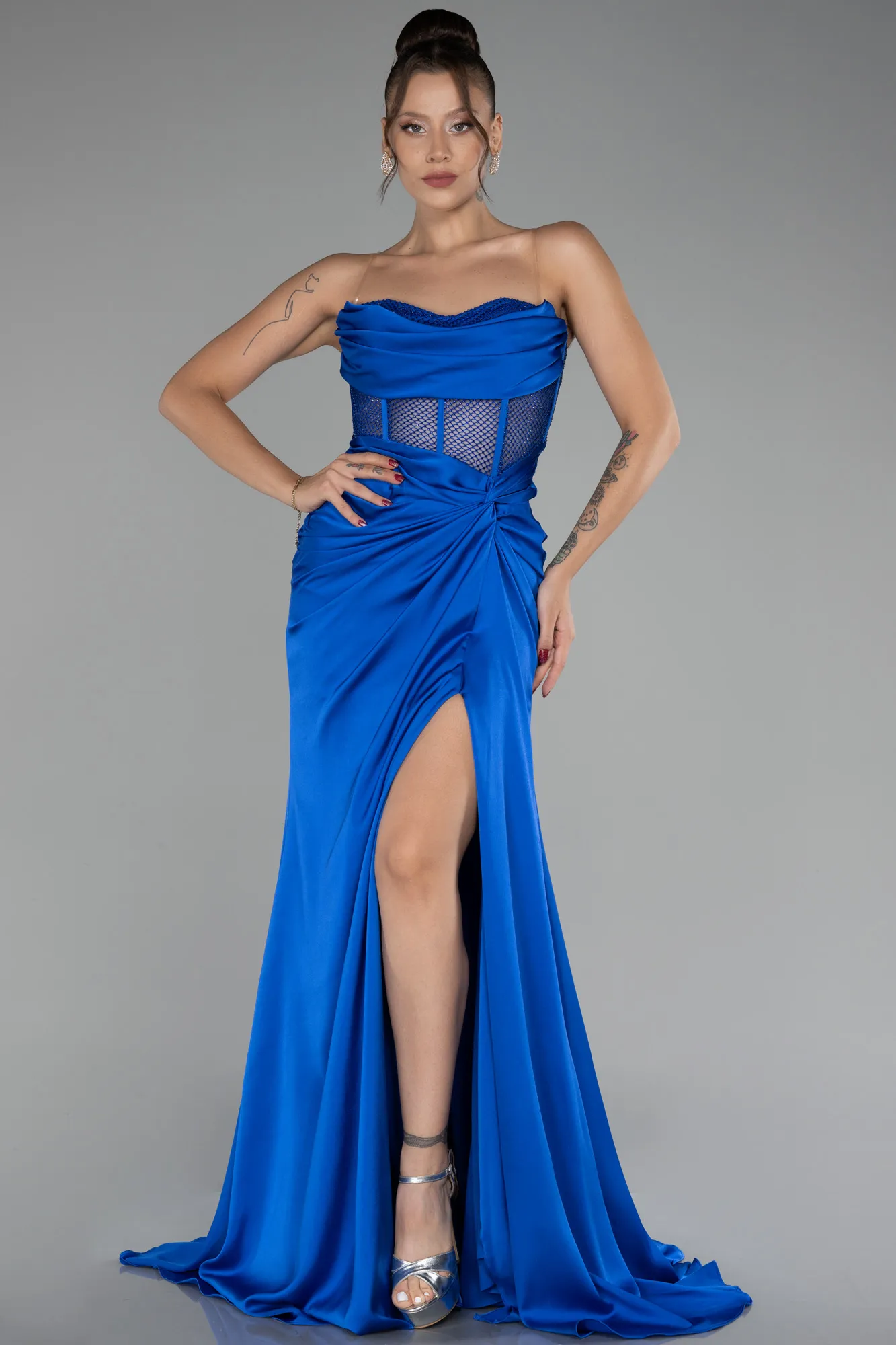 Sax Blue-Strapless Slit Long Satin Evening Gown ABU4155