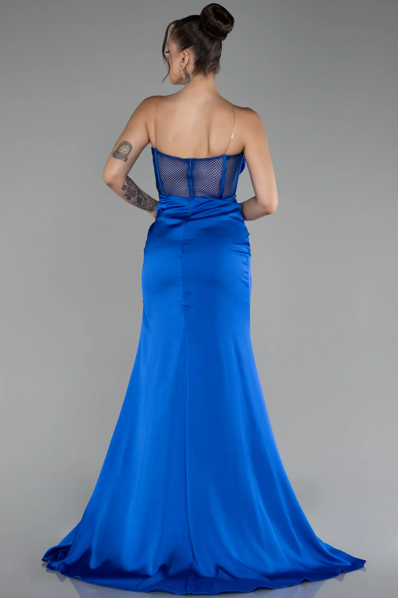 Sax Blue-Strapless Slit Long Satin Evening Gown ABU4155