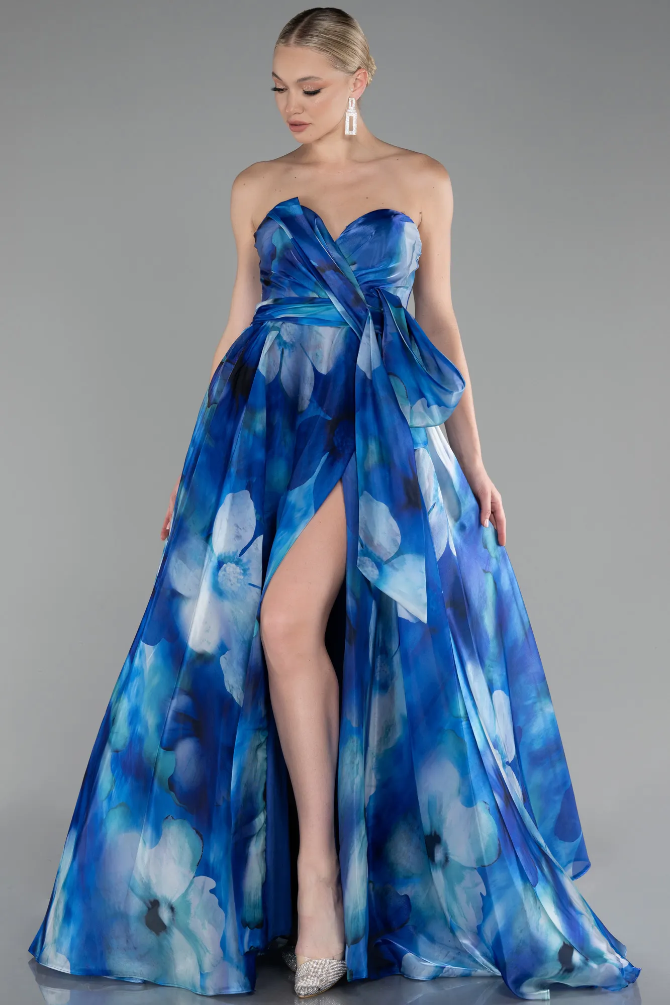 Sax Blue-Strapless Slit Long Satin Printed Prom Gown ABU4157