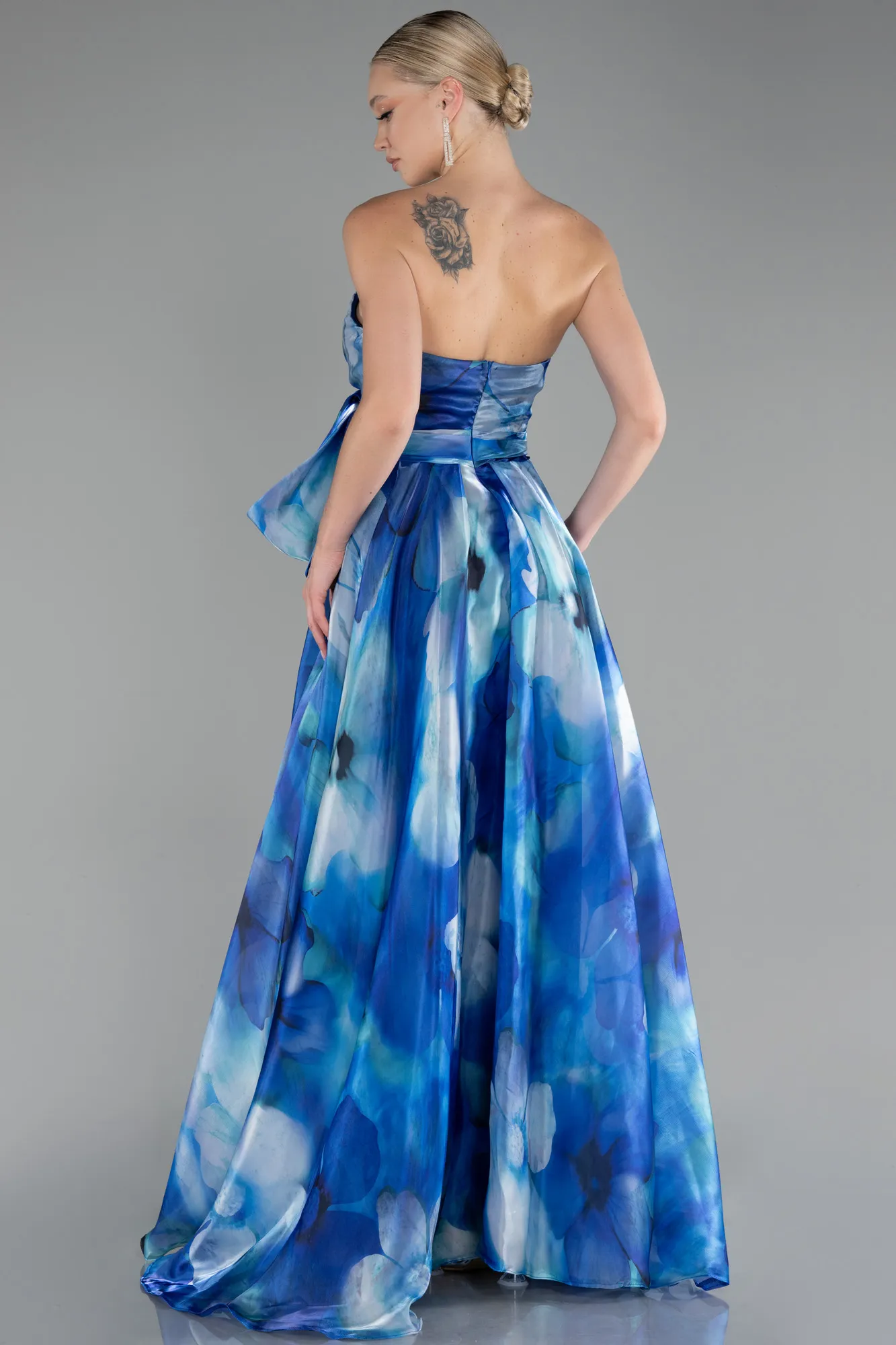 Sax Blue-Strapless Slit Long Satin Printed Prom Gown ABU4157