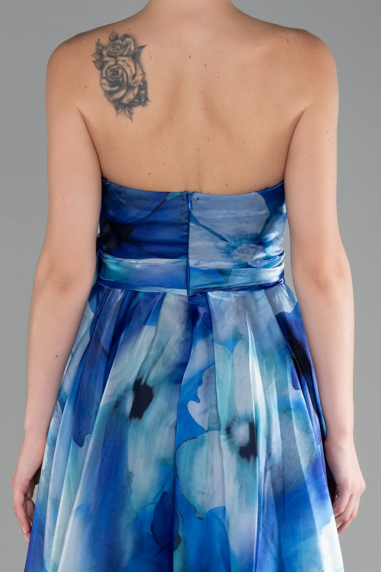 Sax Blue-Strapless Slit Long Satin Printed Prom Gown ABU4157