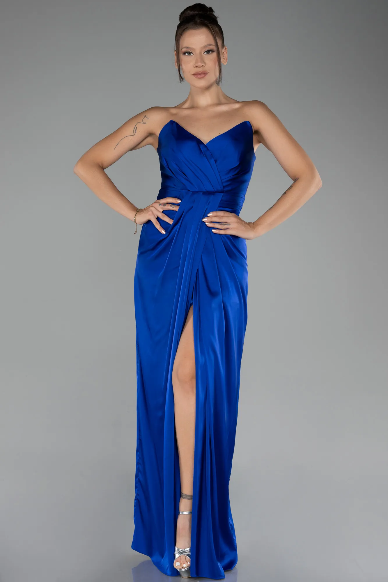 Sax Blue-Strapless Slit Long Satin Prom Gown ABU4071