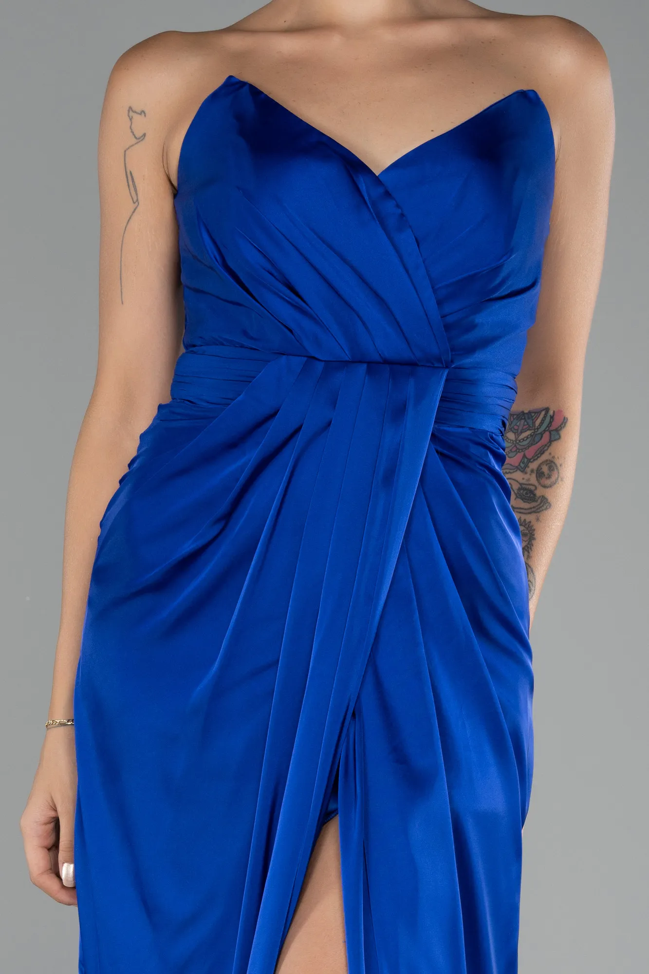 Sax Blue-Strapless Slit Long Satin Prom Gown ABU4071