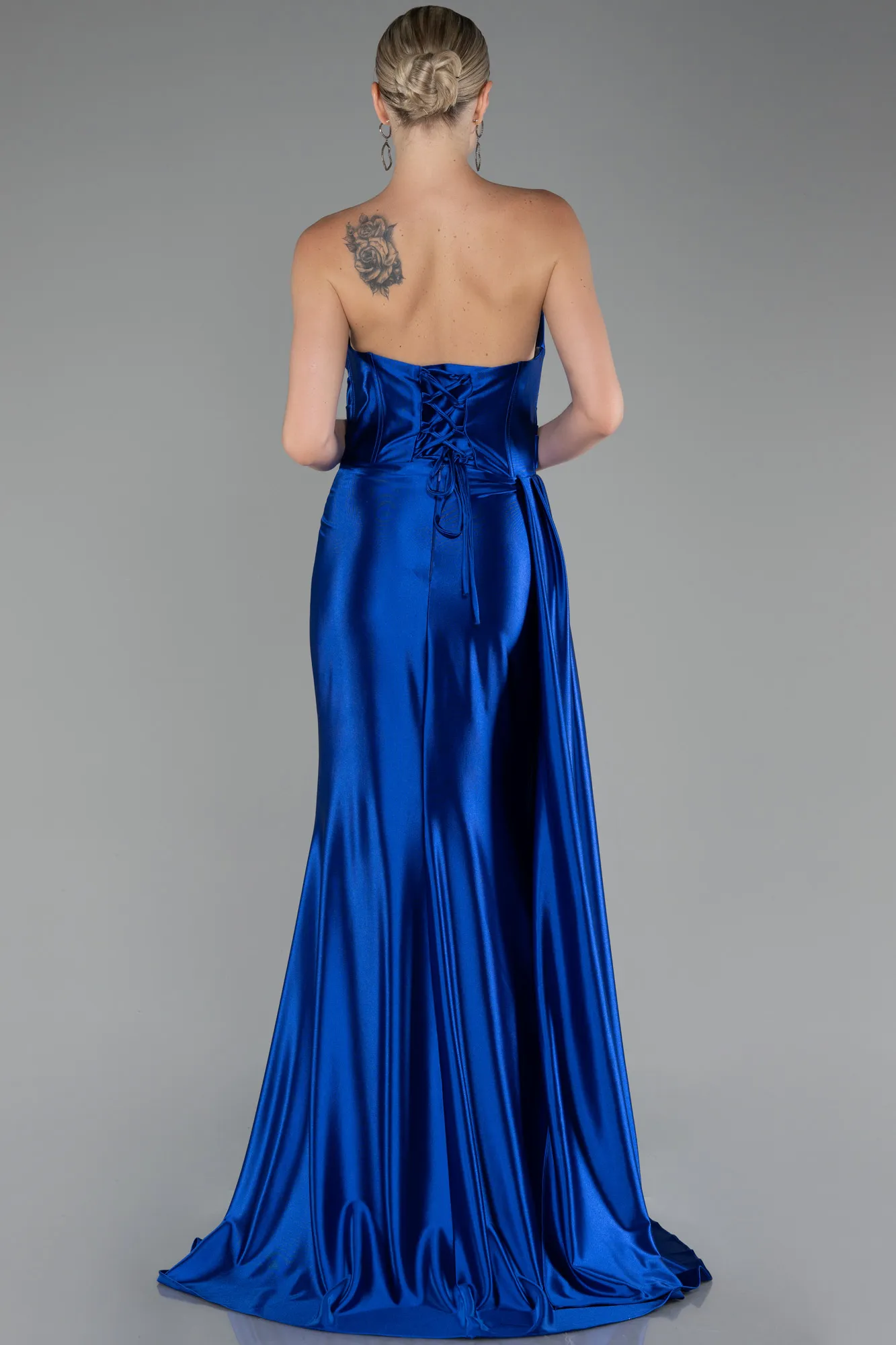 Sax Blue-Strapless Slit Long Satin Prom Gown ABU4072