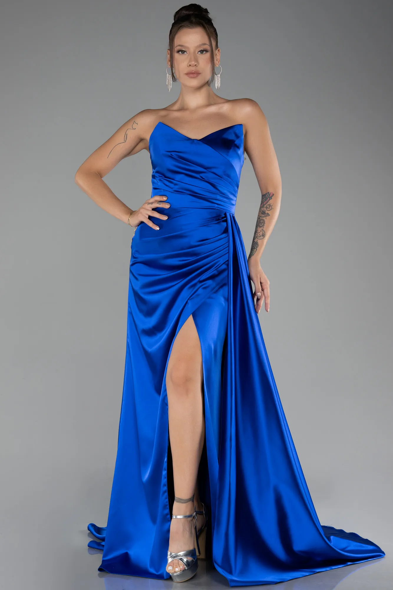 Sax Blue-Strapless Slit Long Satin Prom Gown ABU4093