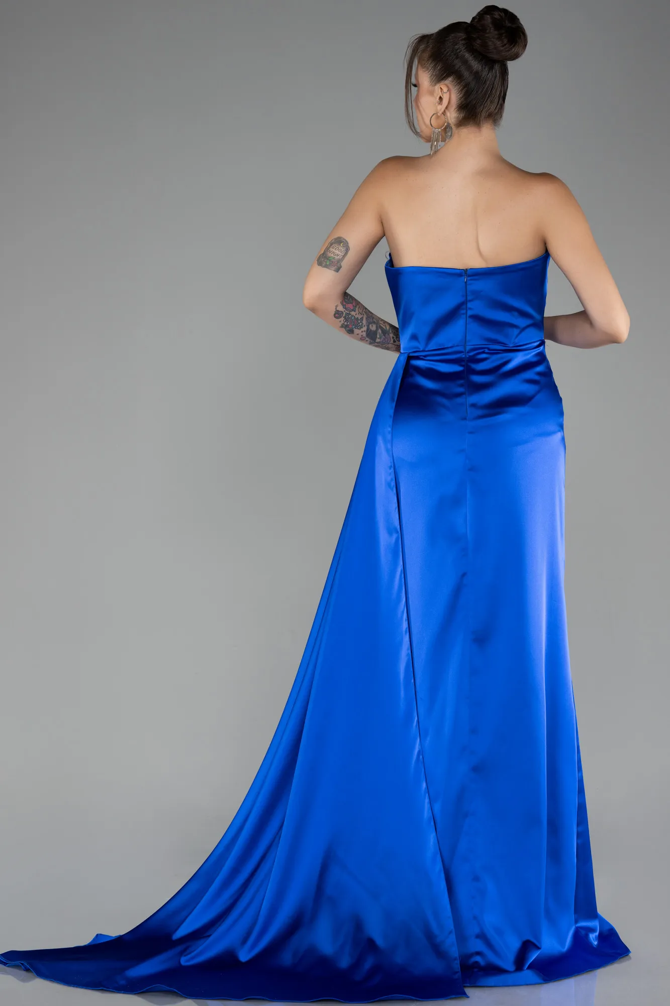 Sax Blue-Strapless Slit Long Satin Prom Gown ABU4093