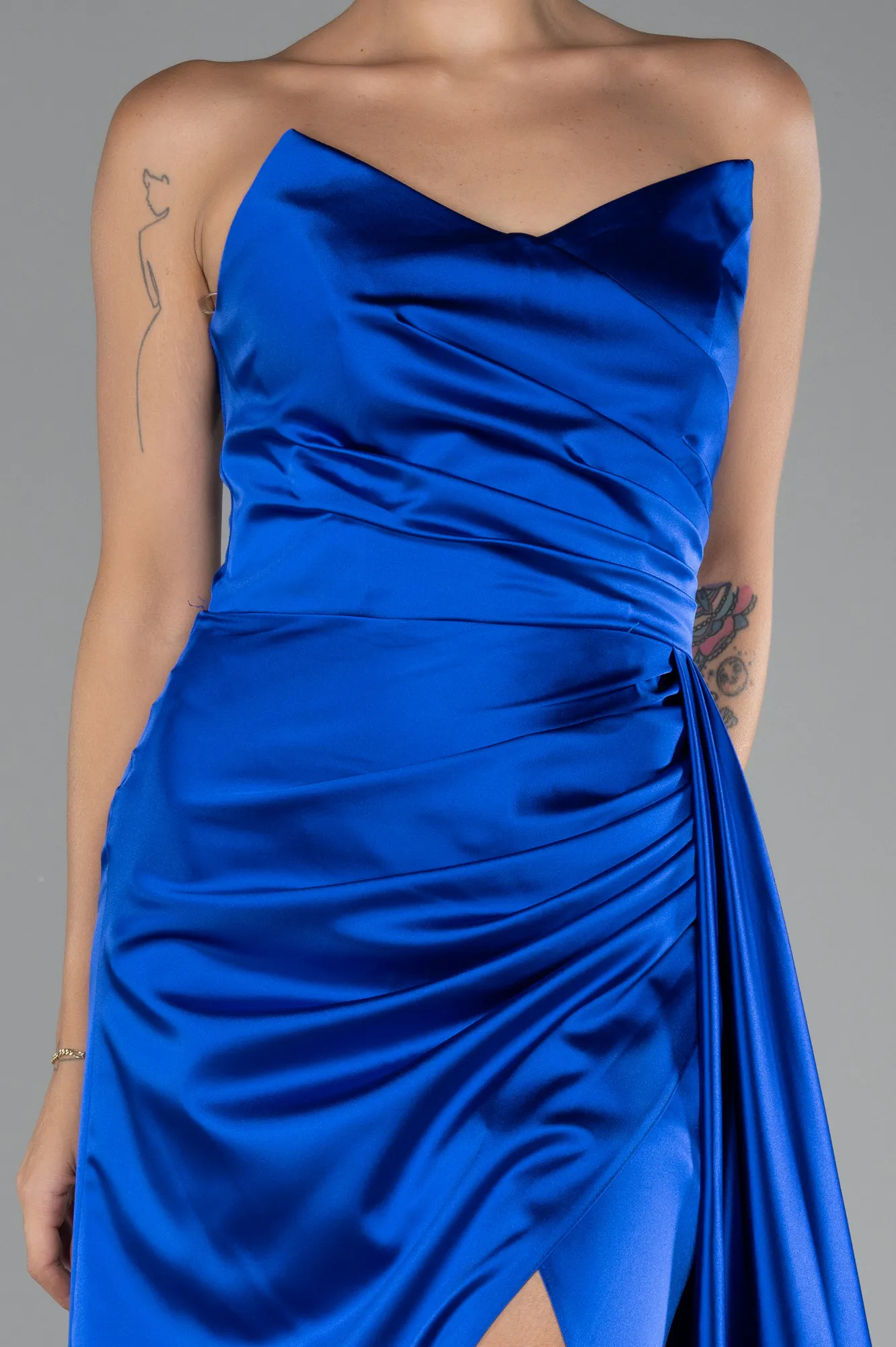 Sax Blue-Strapless Slit Long Satin Prom Gown ABU4093