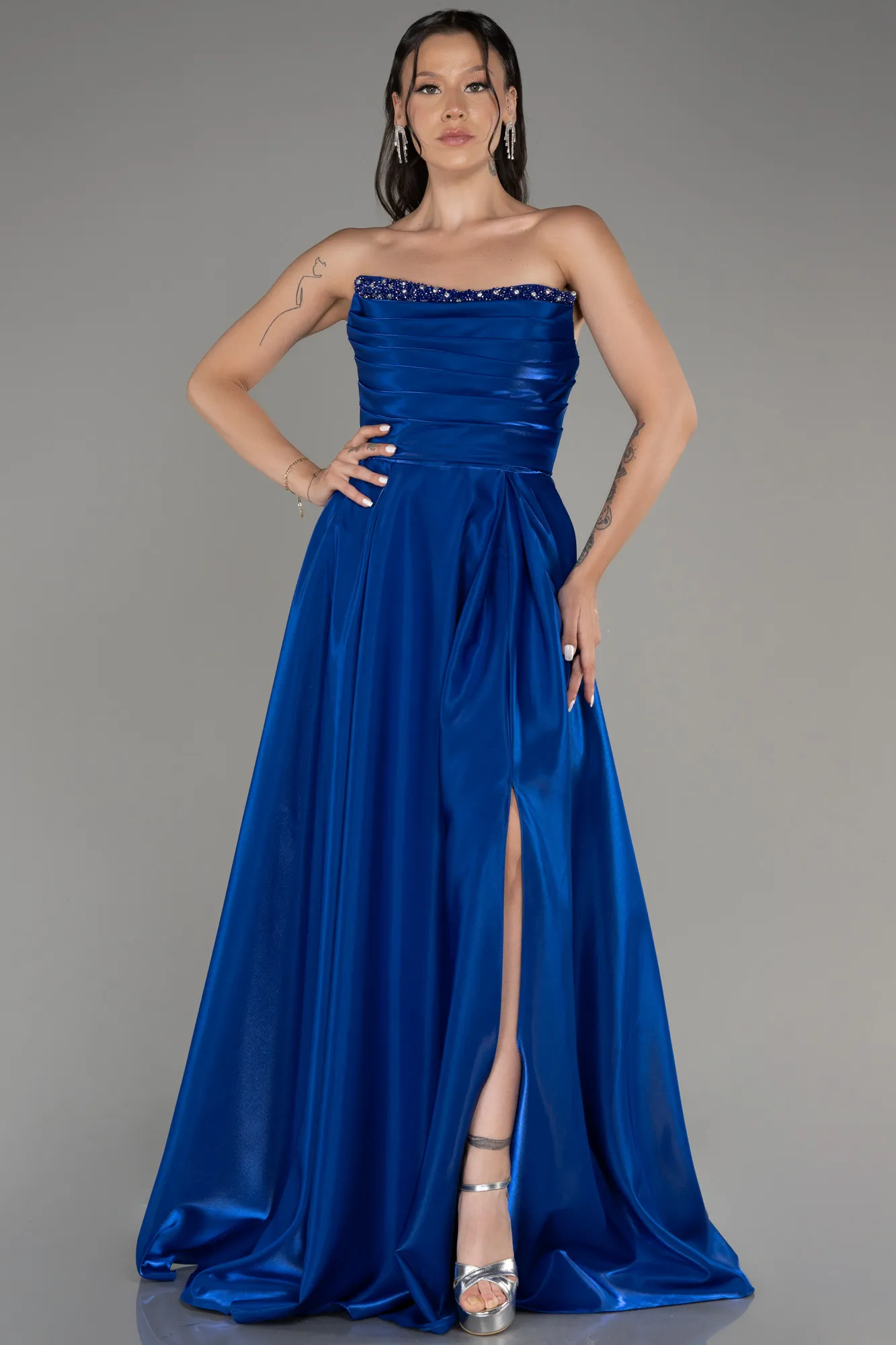 Sax Blue-Strapless Slit Long Stin Prom Dress ABU4013