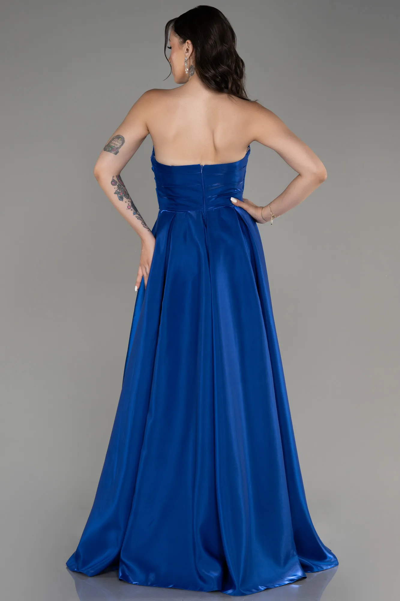 Sax Blue-Strapless Slit Long Stin Prom Dress ABU4013