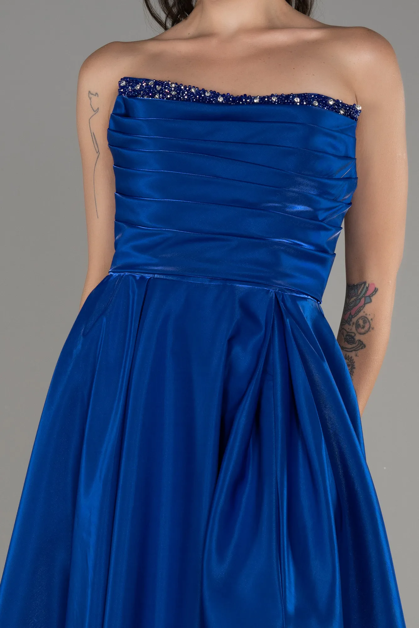 Sax Blue-Strapless Slit Long Stin Prom Dress ABU4013