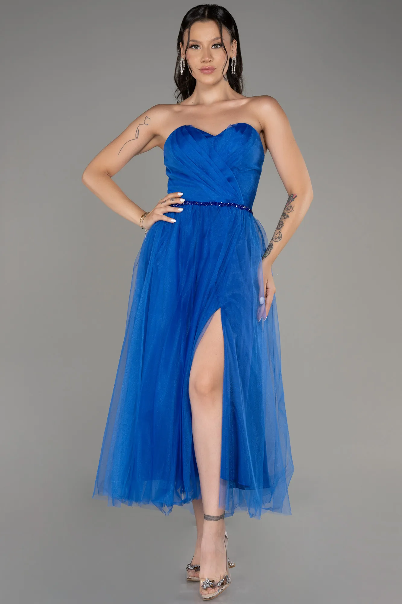 Sax Blue-Strapless Slit Midi Cocktail Dress ABK2099