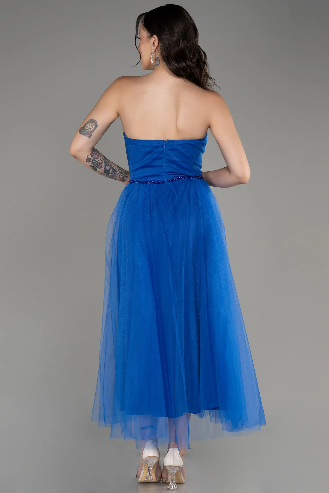 Sax Blue-Strapless Slit Midi Cocktail Dress ABK2099