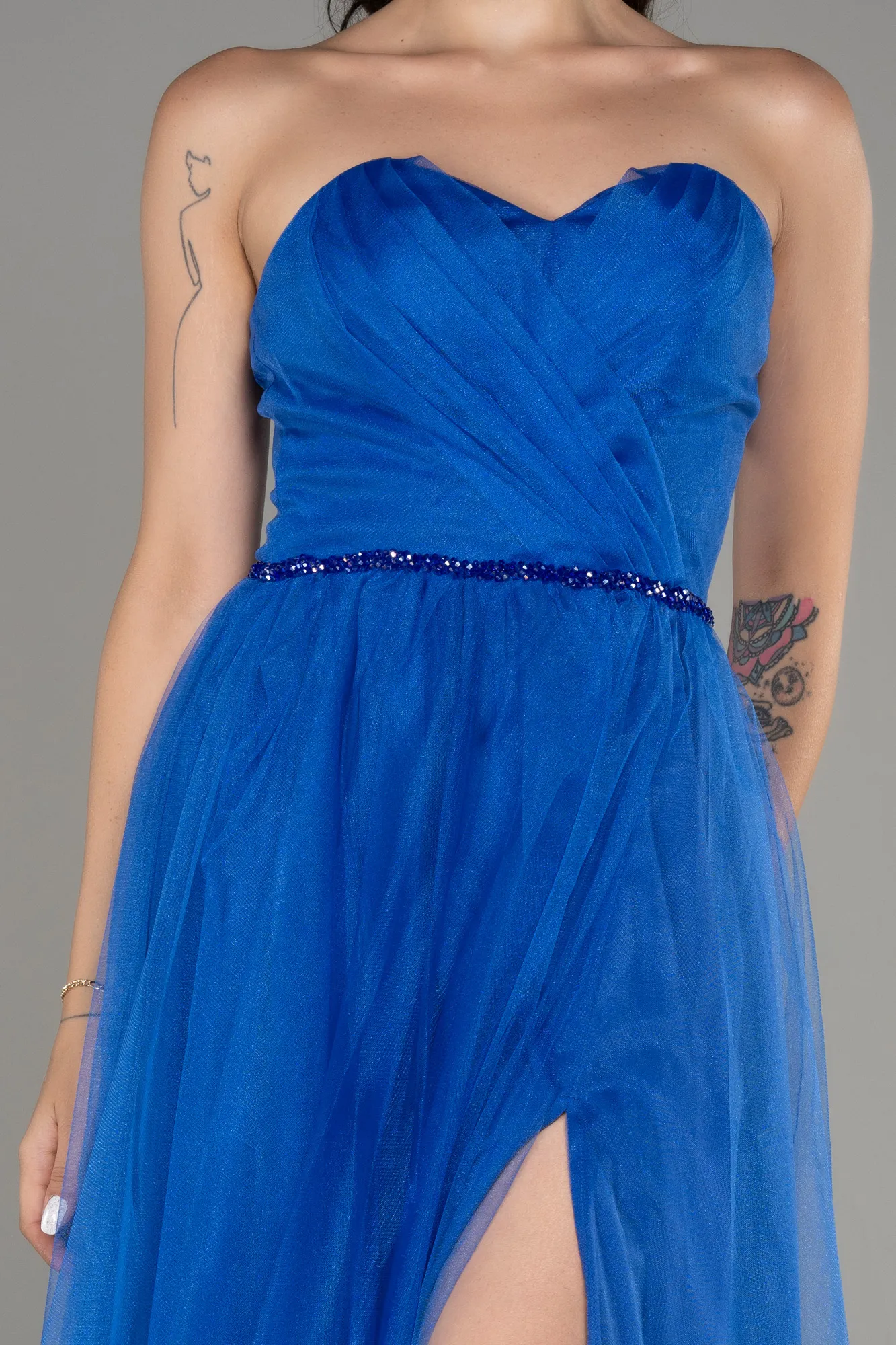 Sax Blue-Strapless Slit Midi Cocktail Dress ABK2099