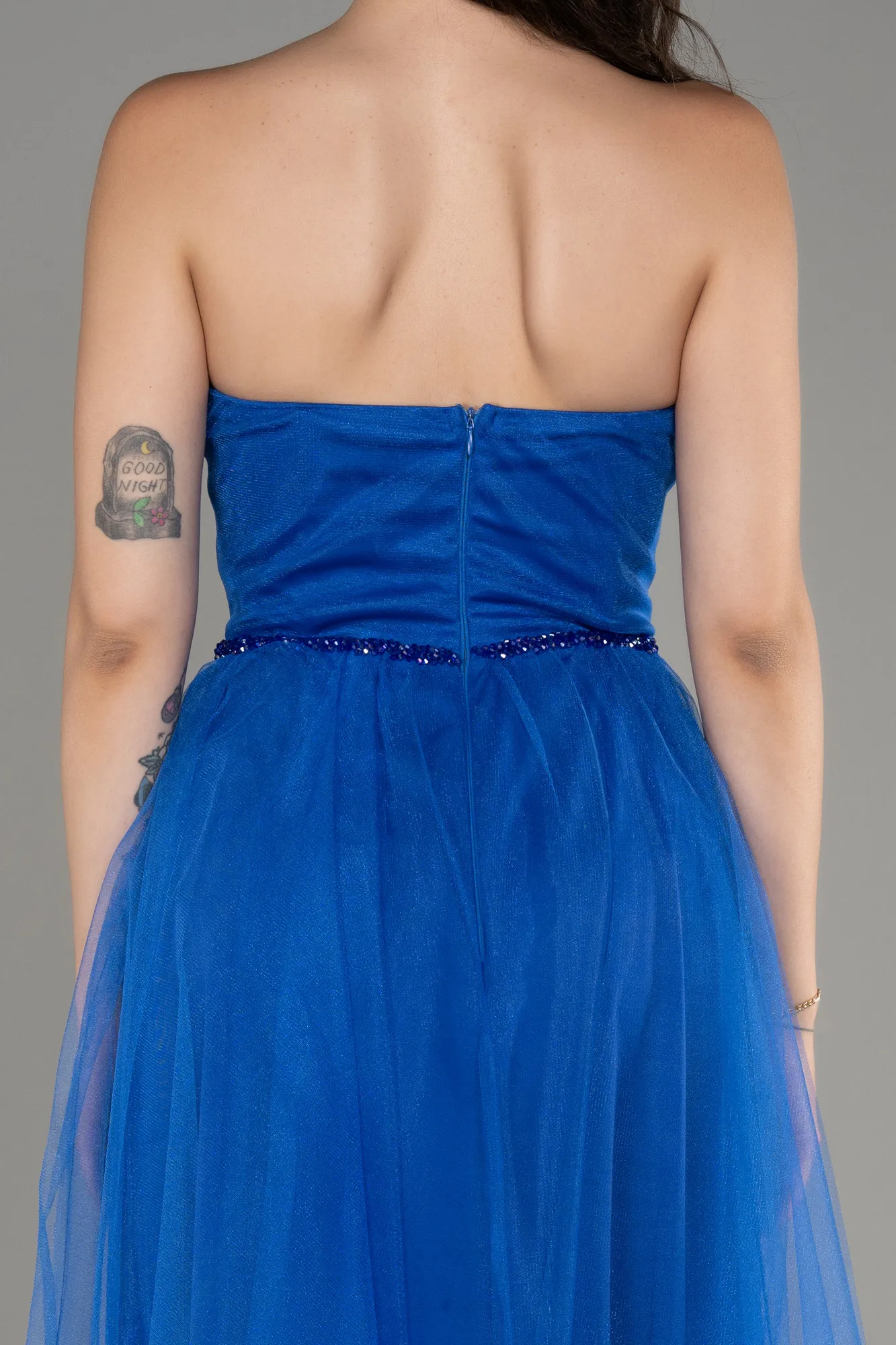 Sax Blue-Strapless Slit Midi Cocktail Dress ABK2099