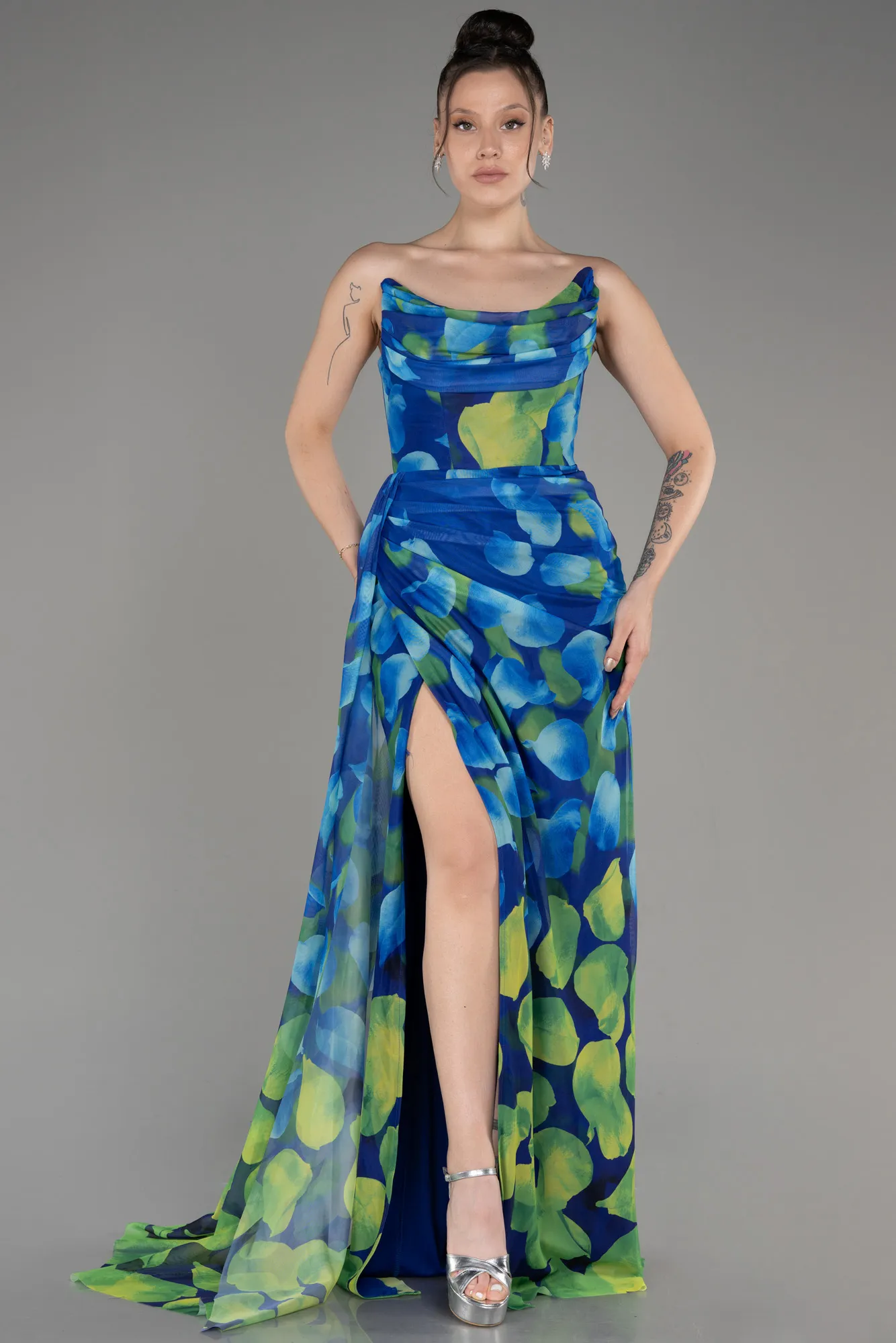 Sax Blue-Strapless Slit Print Prom Dress ABU4360