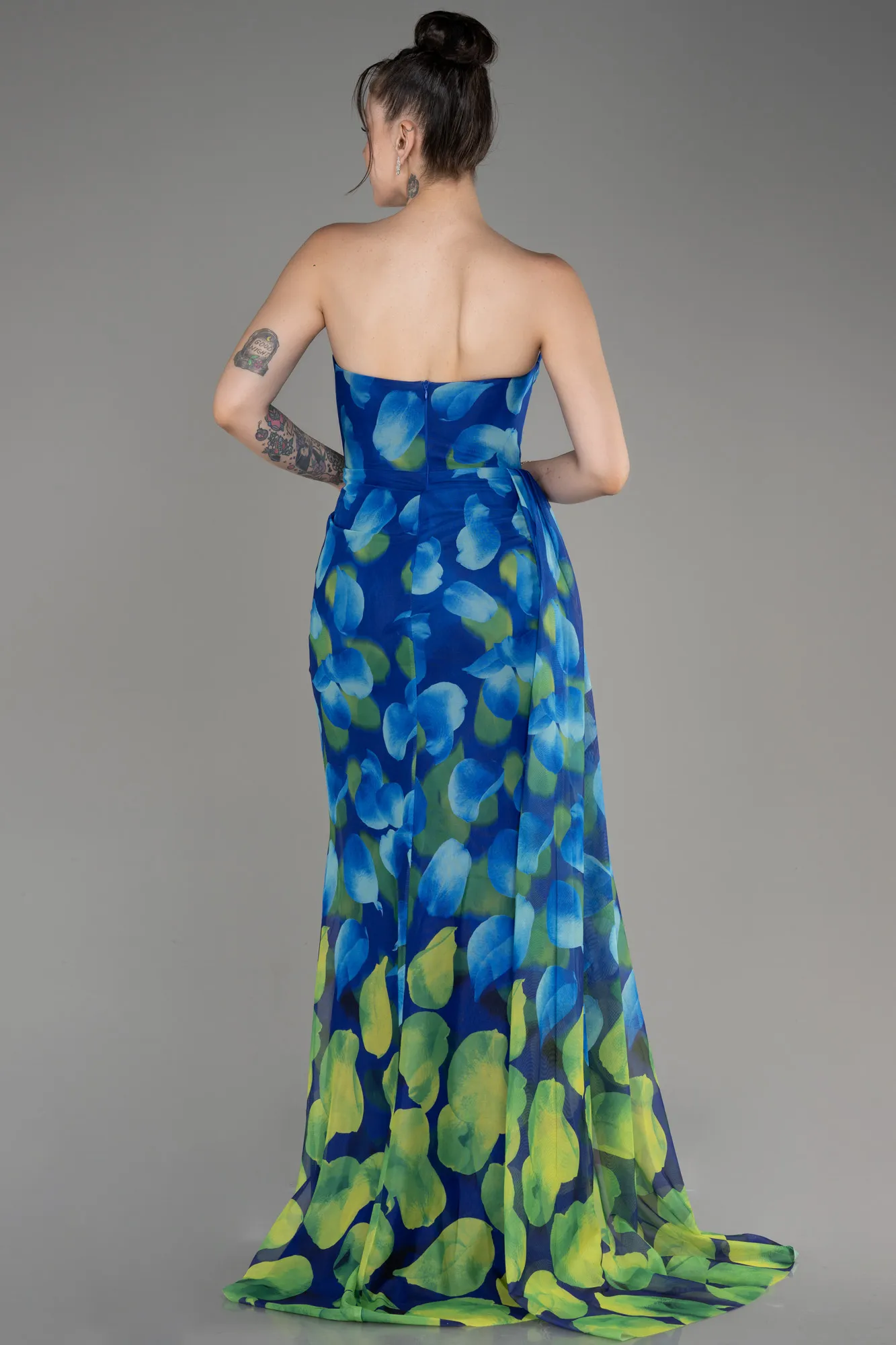 Sax Blue-Strapless Slit Print Prom Dress ABU4360