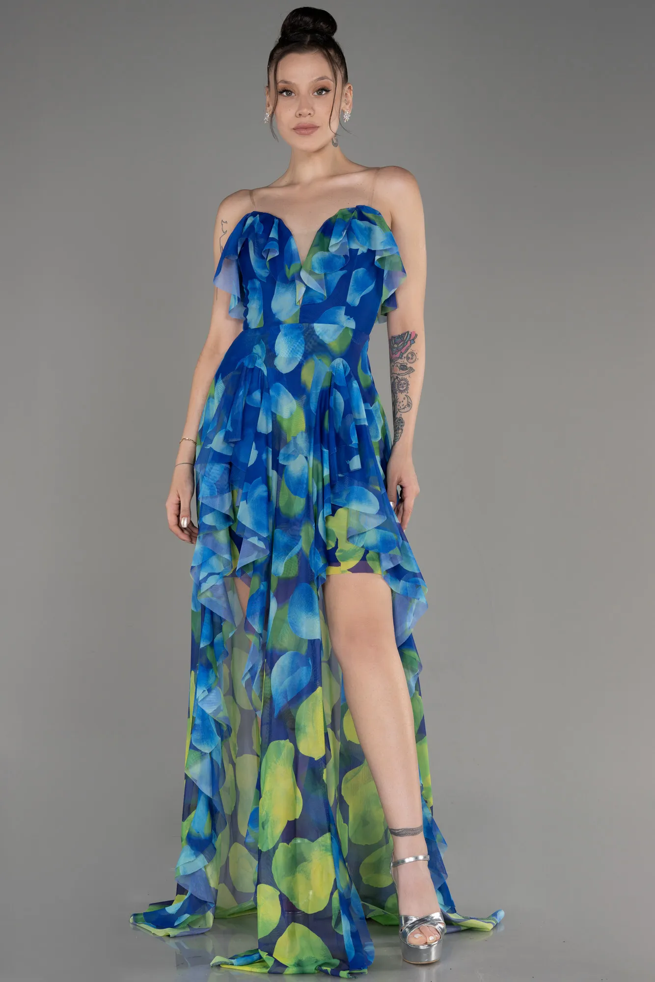 Sax Blue-Strapless Slit Printed Long Prom Dress ABU3975