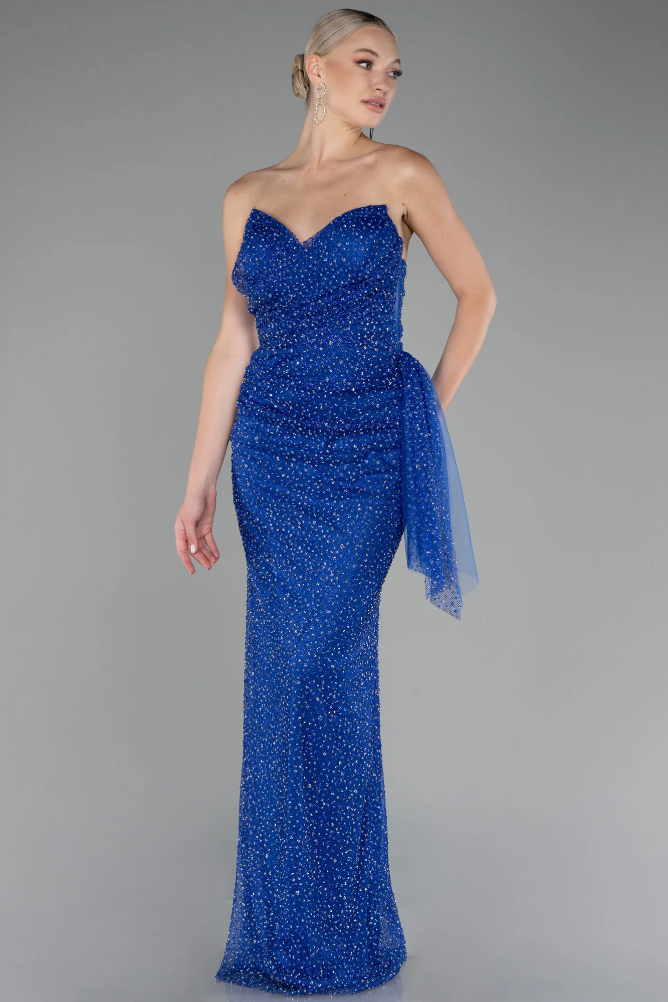 Sax Blue-Strapless Stoned Long Evening Gown ABU4066