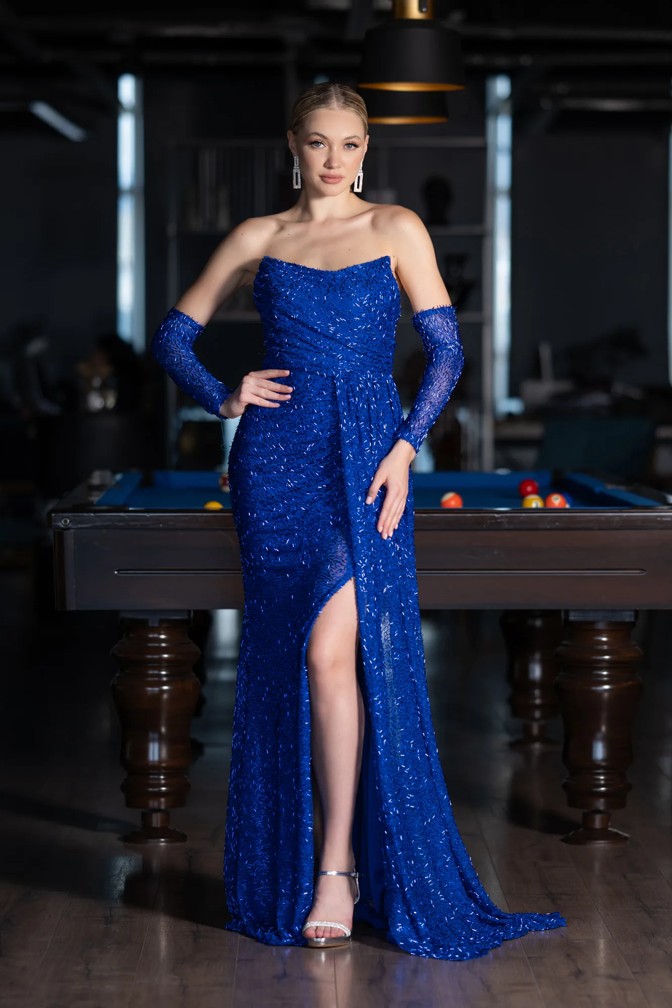 Sax Blue-Strapless Stony Long Slit Prom Gown ABU4163