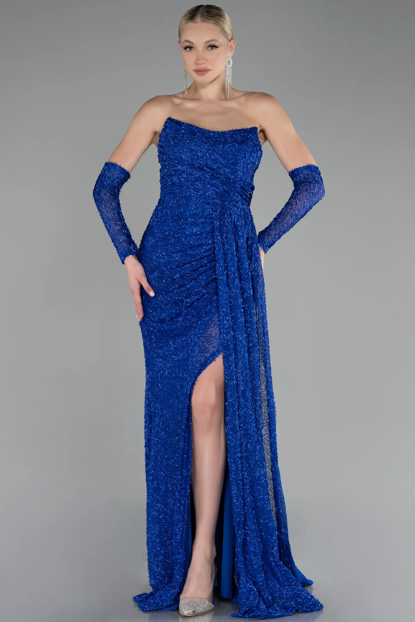 Sax Blue-Strapless Stony Long Slit Prom Gown ABU4163