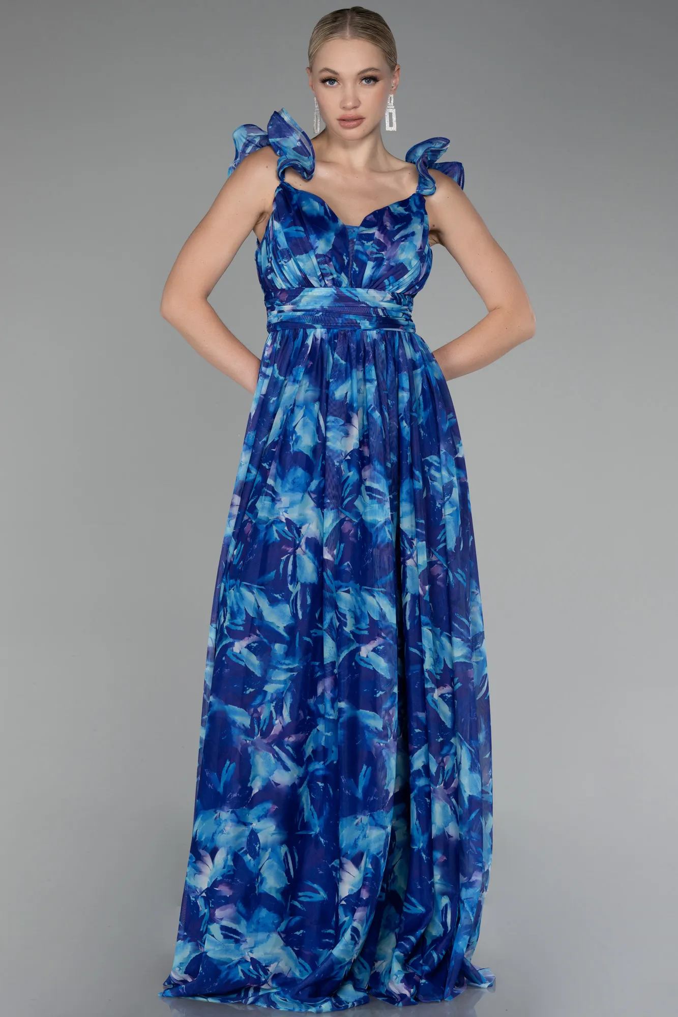 Sax Blue-Strappy Floral Long Prom Dress ABU4134