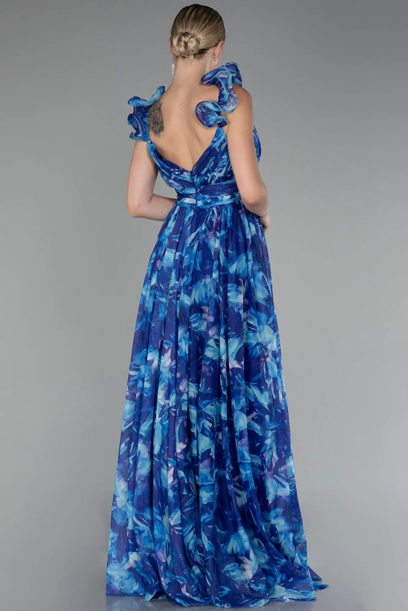 Sax Blue-Strappy Floral Long Prom Dress ABU4134