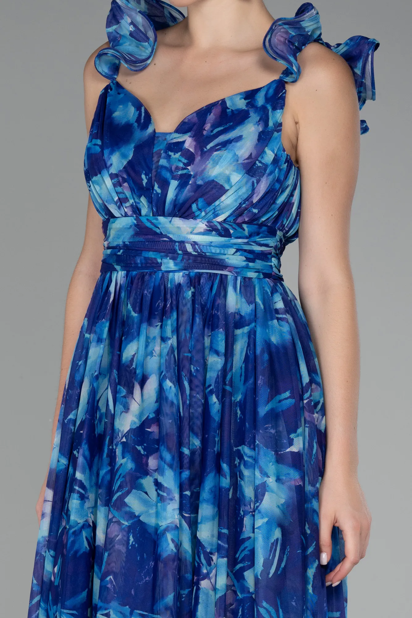 Sax Blue-Strappy Floral Long Prom Dress ABU4134