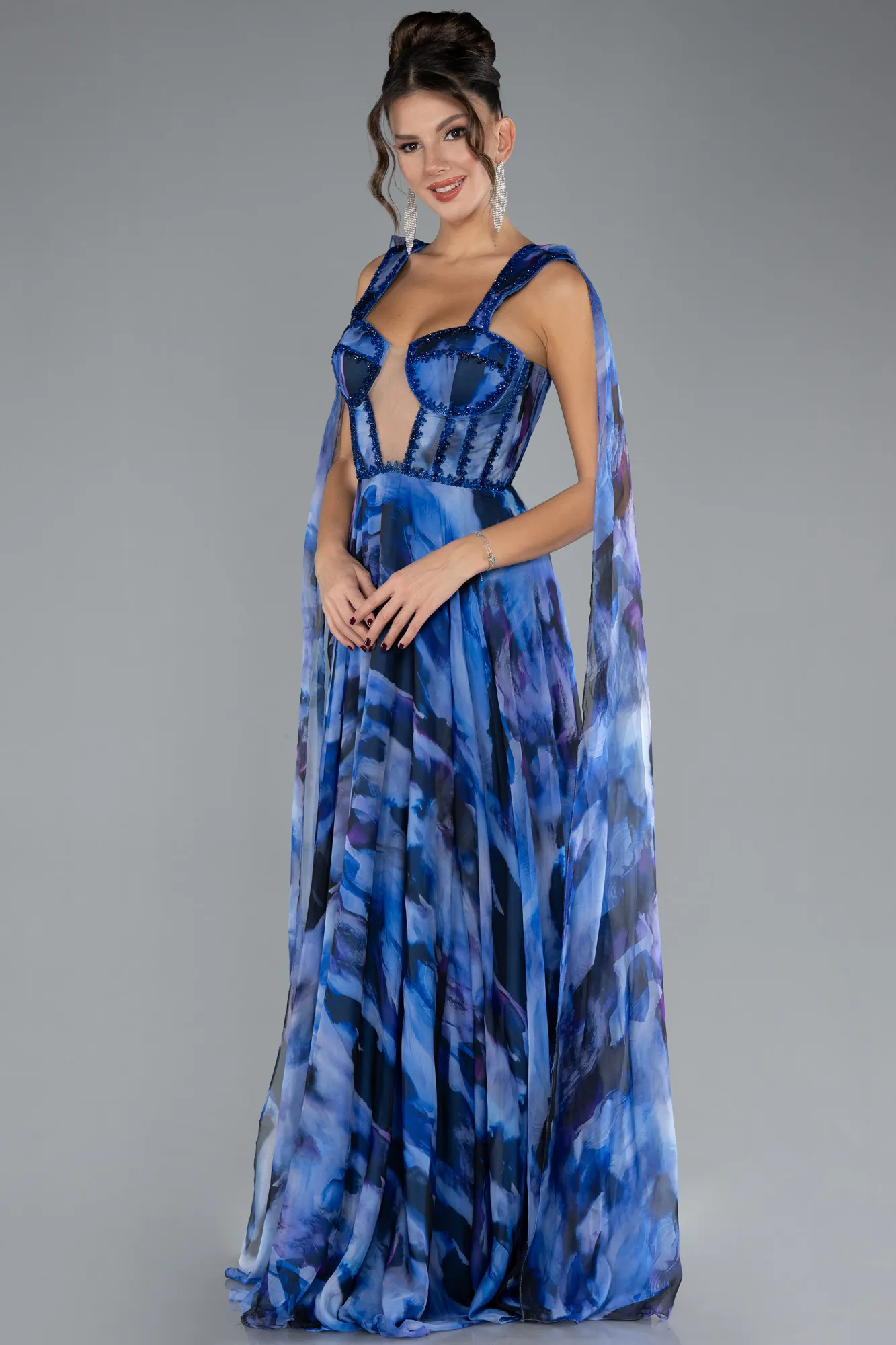 Sax Blue-Strappy Long Patterned Prom Dress ABU4326