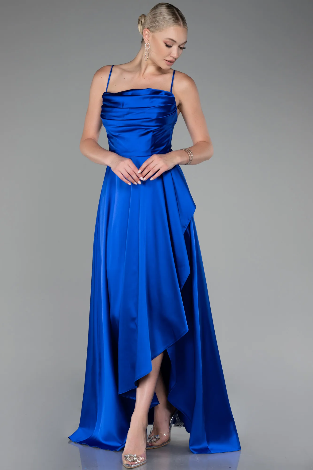 Sax Blue-Strappy Long Satin Prom Gown ABU4073