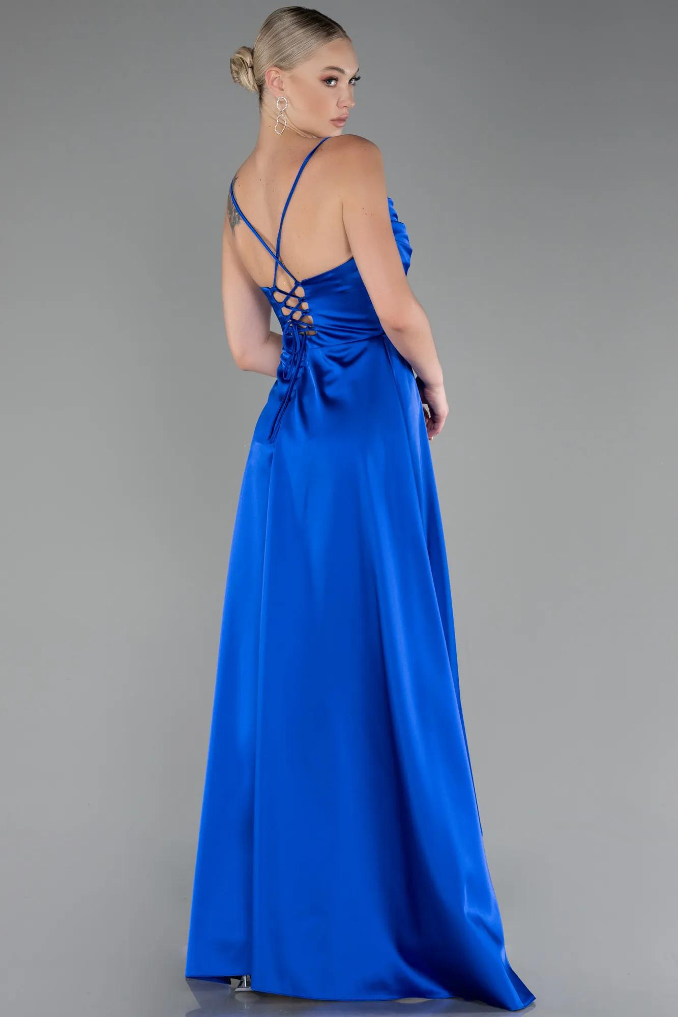 Sax Blue-Strappy Long Satin Prom Gown ABU4073