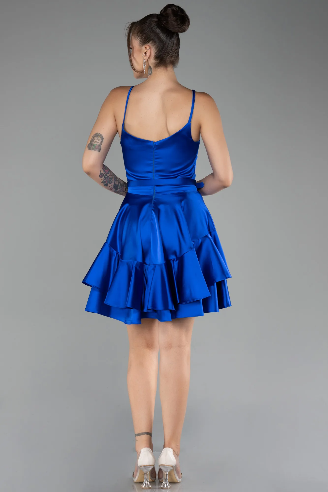 Sax Blue-Strappy Short Satin Cocktail Dress ABK2114